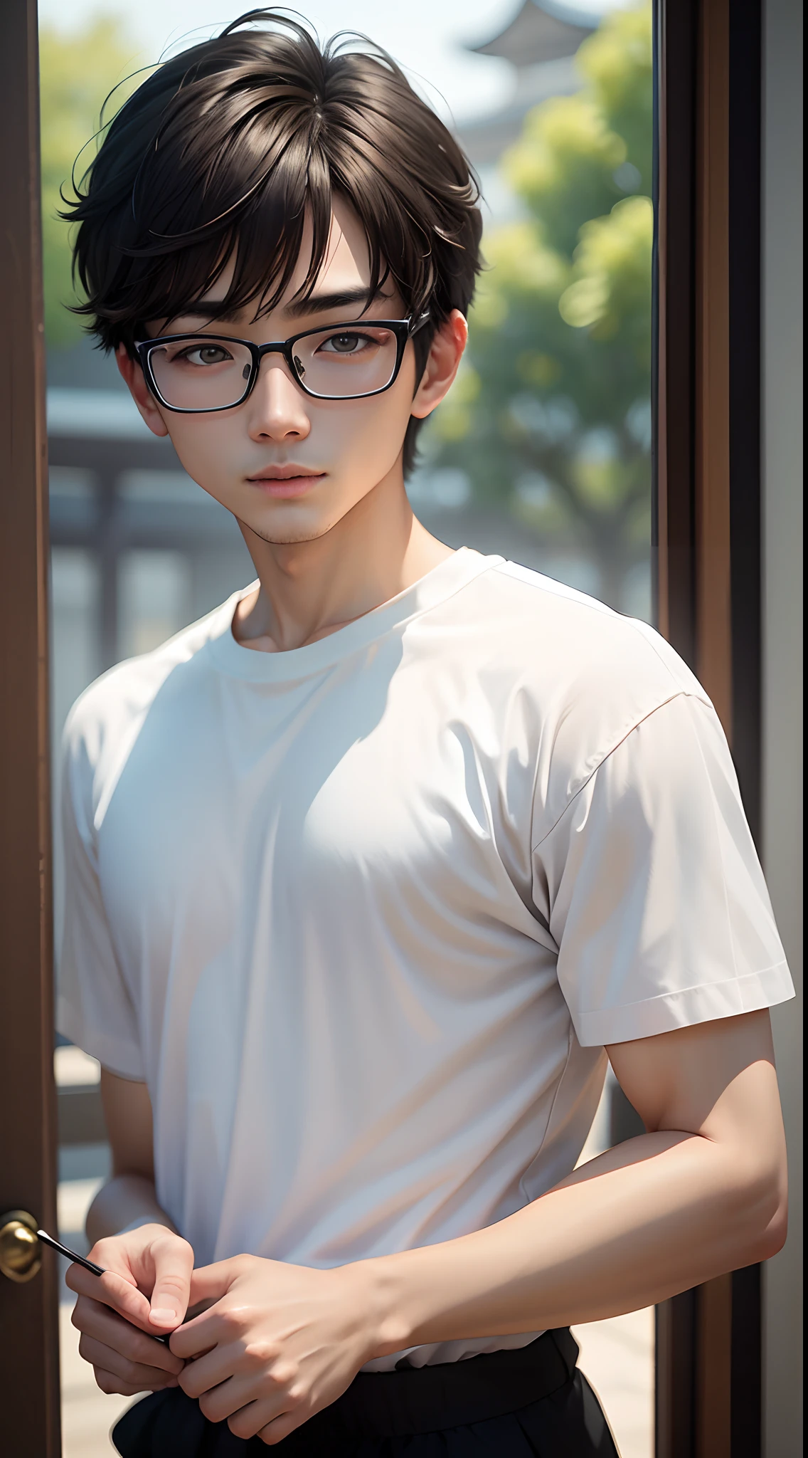 ​masterpiece、1 young man、A detailed face、A detailed eye、Detailed skin、Detailed hand、top-quality、Illuminated from the front with bright lighting、profetional lighting、Facing straight ahead、The background is a little blurry、The costume is a casual white T-shirt、hair color is brown、short-hair、Wearing glasses with black frames、japanes（Oriental）、
