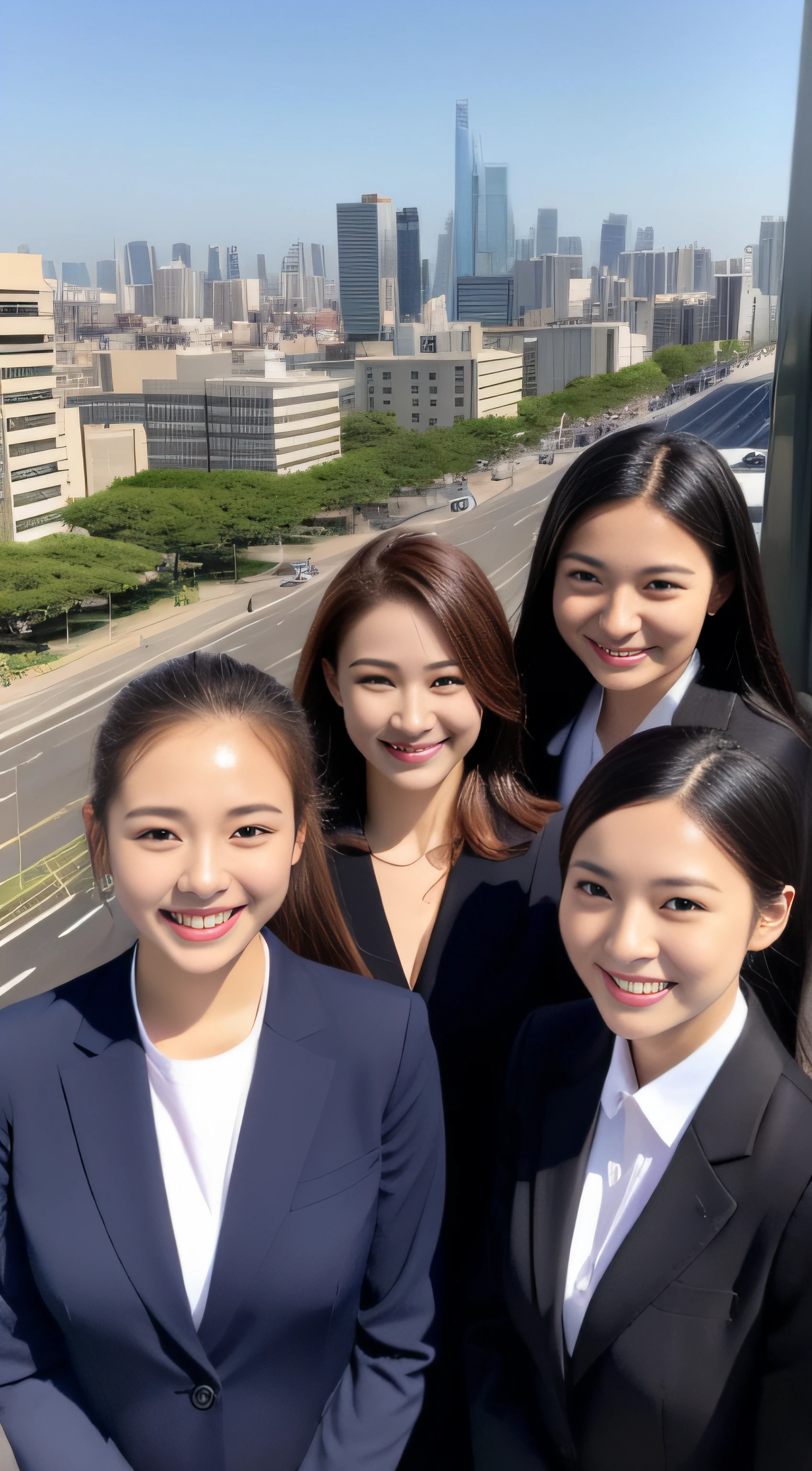 The face is a hostess、femele、Business suits、3 people、hiquality、A hyper-realistic、healthy、Smiling expression、Slender perfect figure、Japan beauties、beautidful eyes、face perfect、Beautiful skin、the background is a tall building