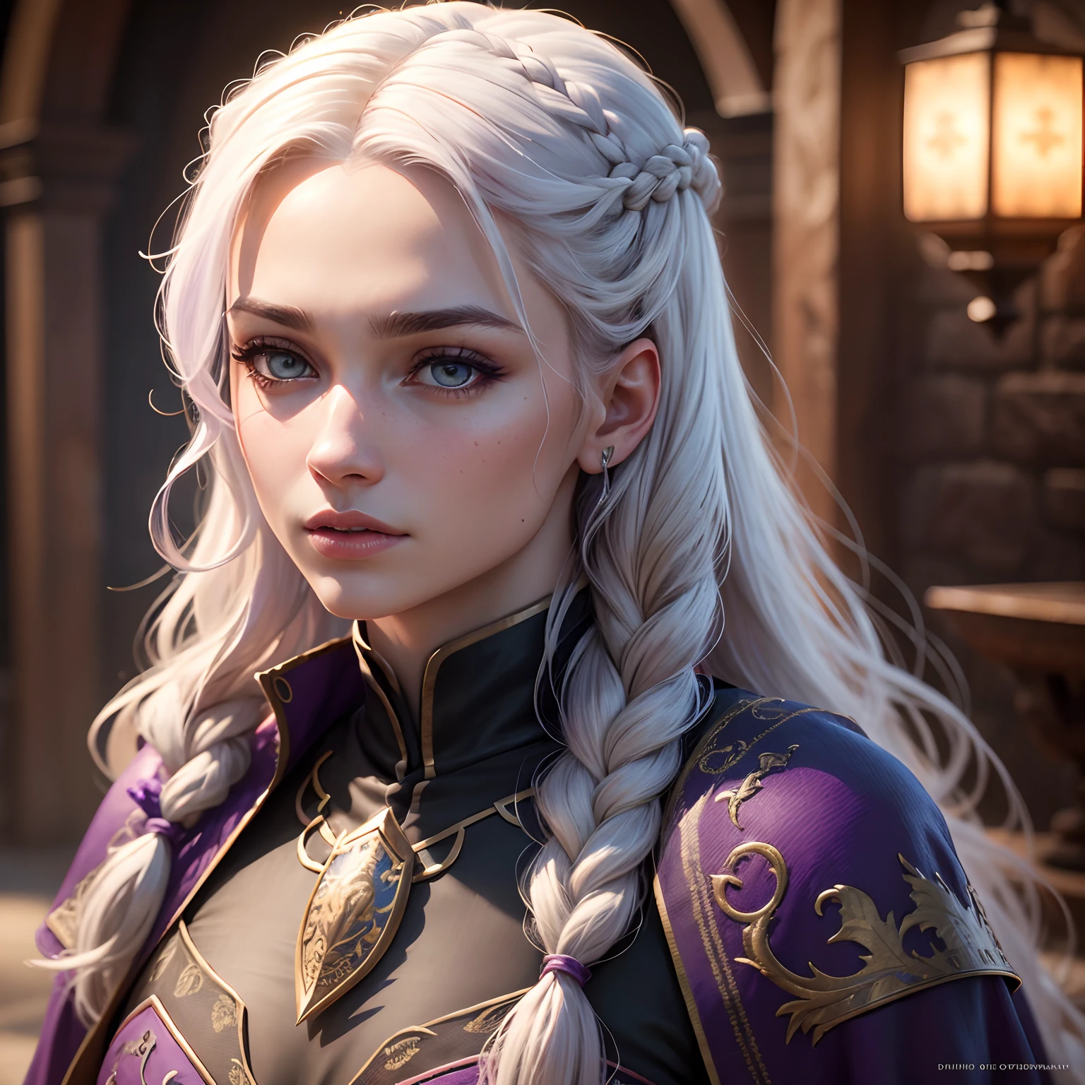(best quality,4k,highres),(realistic:1.37),HDR,ultra-detailed,ultra-fine painting,physically-based rendering,professional,sharp focus,vivid colors,bokeh,portrait,hair:white eyes:purple,house targaryen,game of thrones,detailed face,detailed lips,detailed eyes and face,long eyelashes,fierce expression,dragon emblems,medieval clothing,female,braided hair,romantic background,soft lighting,colorful atmosphere