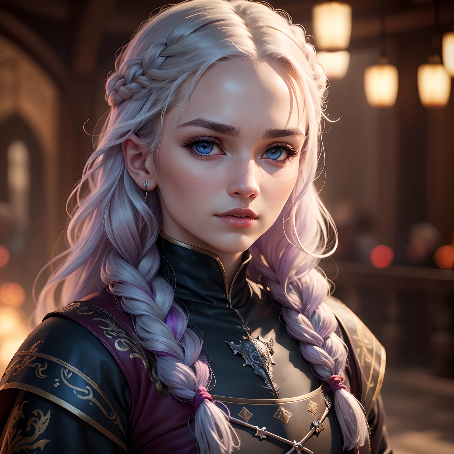 (best quality,4k,highres),(realistic:1.37),HDR,ultra-detailed,ultra-fine painting,physically-based rendering,professional,sharp focus,vivid colors,bokeh,portrait,hair:white eyes:purple,house targaryen,game of thrones,detailed face,detailed lips,detailed eyes and face,long eyelashes,fierce expression,dragon emblems,medieval clothing,female,braided hair,romantic background,soft lighting,colorful atmosphere