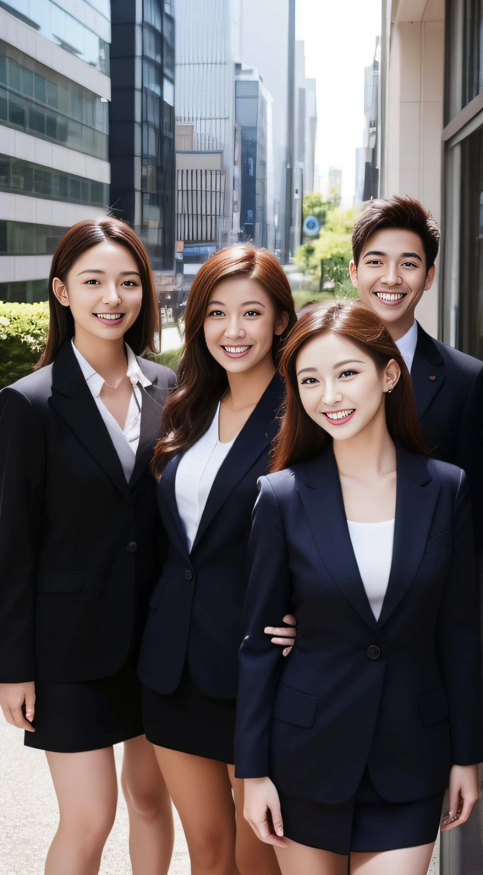 The face is a hostess、femele、Business suits、3 people、hiquality、A hyper-realistic、healthy、Smiling expression、Slender perfect figure、Japan beauties、beautidful eyes、face perfect、Beautiful skin、the background is a tall building