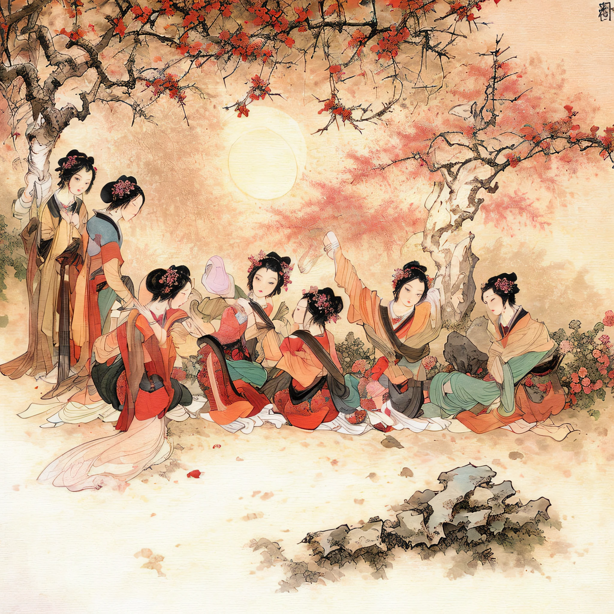 Masterpiece, Best quality,(full bodyesbian:1.3), Solo,chinese paintings,Beautiful face and eyes details of Chinese girl, Perfect skin,make happy expressions,The sisters make wine together,clean color,Low-saturation colors,Colors of low brightness,rich details​,Ancient Chinese Ming dynasty style,Quiet and elegant atmosphere,The red tone is the keynote,Pure,light make-up,Jade jewelry,hair adornments,moon full,Colorful,sharp and clear focus,instagram most viewed, Concept artist, Depth of field,flower,Bush