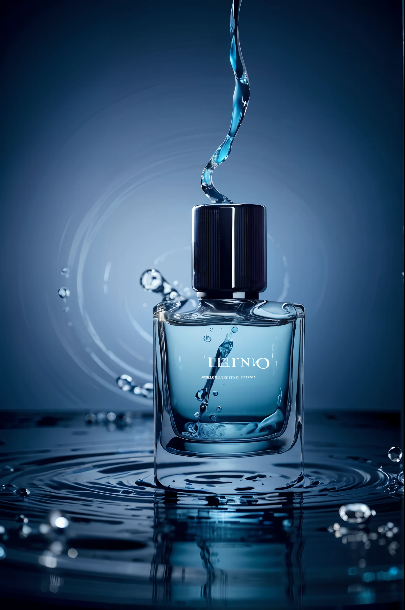 A bottle，There is a blue liquid in the middle, In a realistic rendering style, Thanks for the sound, Train core, Pentax ESPIO Mini, Advertising inspiration, Sleek lines, Romantic emotions