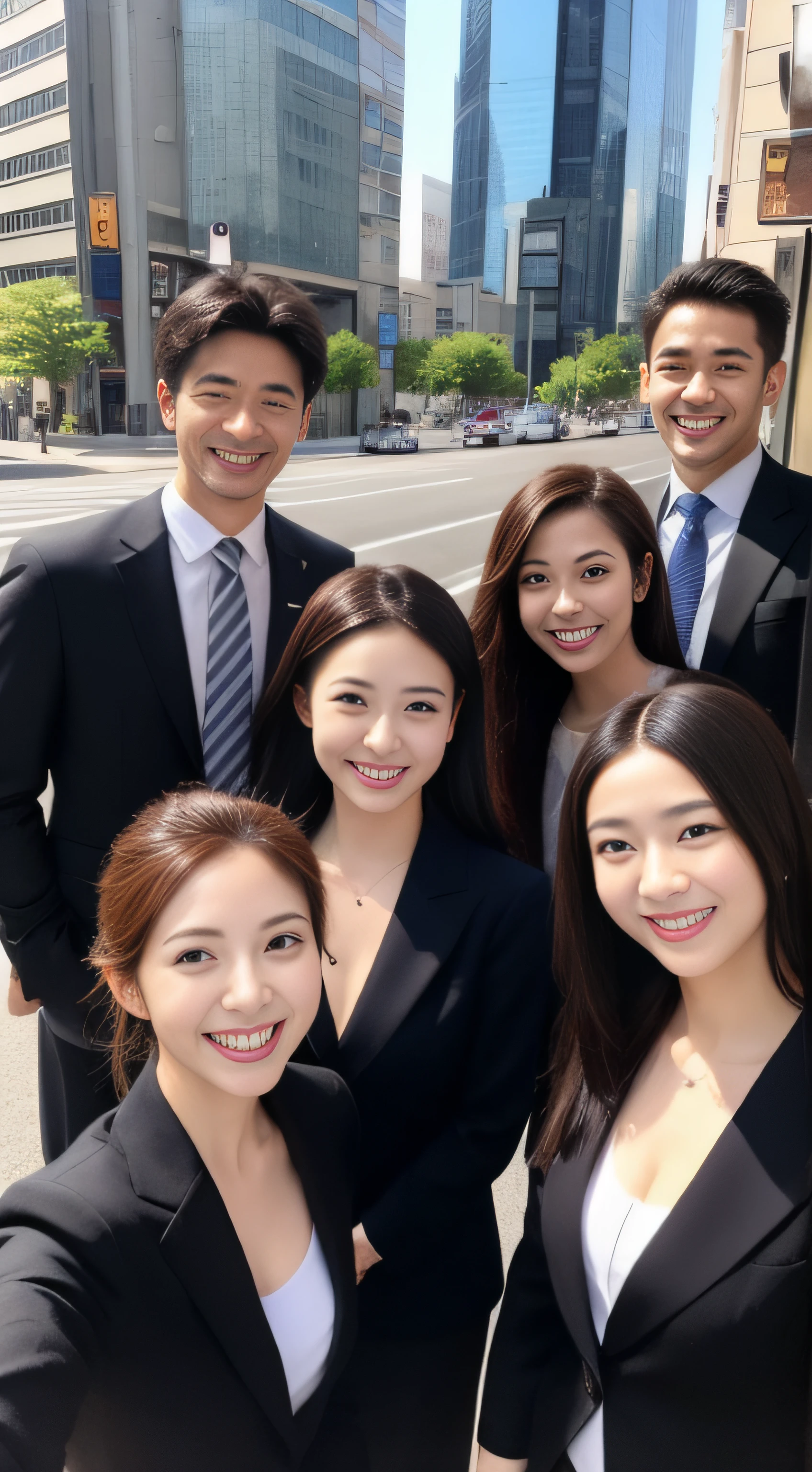 The face is a hostess、femele、Business suits、3 people、hiquality、A hyper-realistic、healthy、Smiling expression、Slender perfect figure、Japan beauties、beautidful eyes、face perfect、Beautiful skin、the background is a tall building