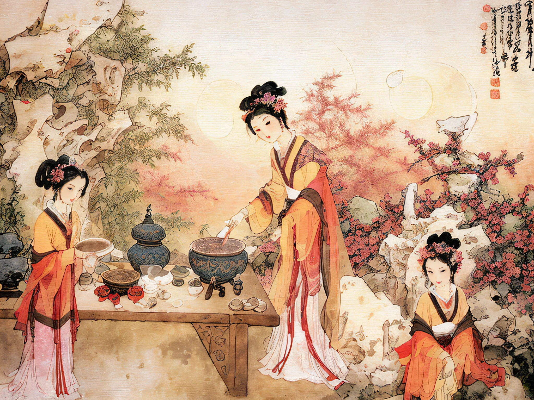 Masterpiece, Best quality,(full bodyesbian:1.3), Solo,chinese paintings,Beautiful face and eyes details of Chinese girl, Perfect skin,make happy expressions,The sisters make wine together,clean color,Low-saturation colors,Colors of low brightness,rich details​,Ancient Chinese Ming dynasty style,Quiet and elegant atmosphere,The red tone is the keynote,Pure,light make-up,Jade jewelry,hair adornments,moon full,Colorful,sharp and clear focus,instagram most viewed, Concept artist, Depth of field,flower,Bush