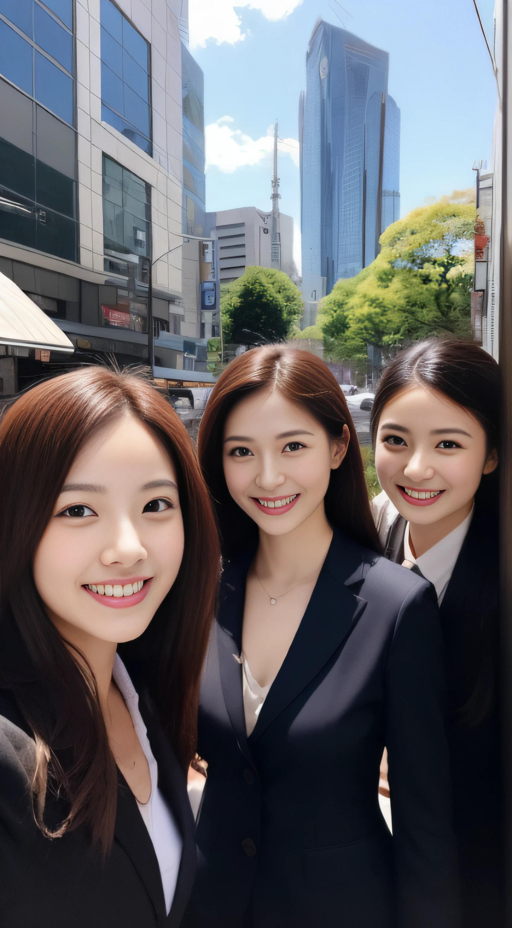 The face is a hostess、femele、Business suits、3 people、hiquality、A hyper-realistic、healthy、Smiling expression、Slender perfect figure、Japan beauties、beautidful eyes、face perfect、Beautiful skin、the background is a tall building