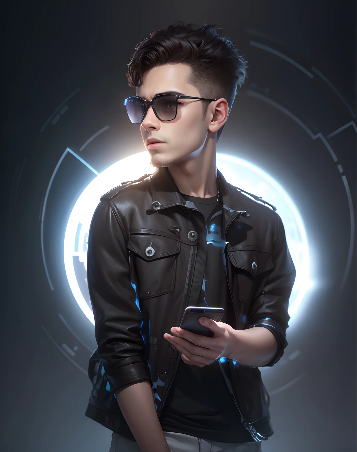 Boy with a mobile futuristic background realistic face 8k ultra high quality hd