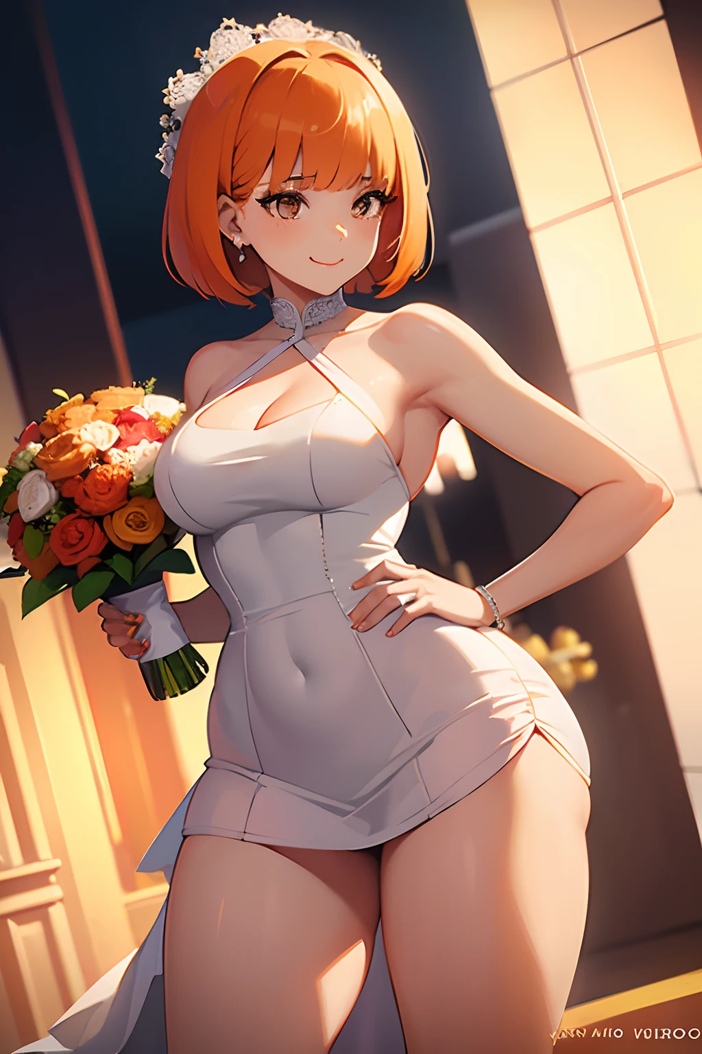 Mujer, (pechos grandes), ((corte bob recto)), ((cabello naranja)), (solo), sexy Orange hair, mcdonald's, straight bob cut ((wedding dress)) ((sexy)) cute smile ((thick legs))