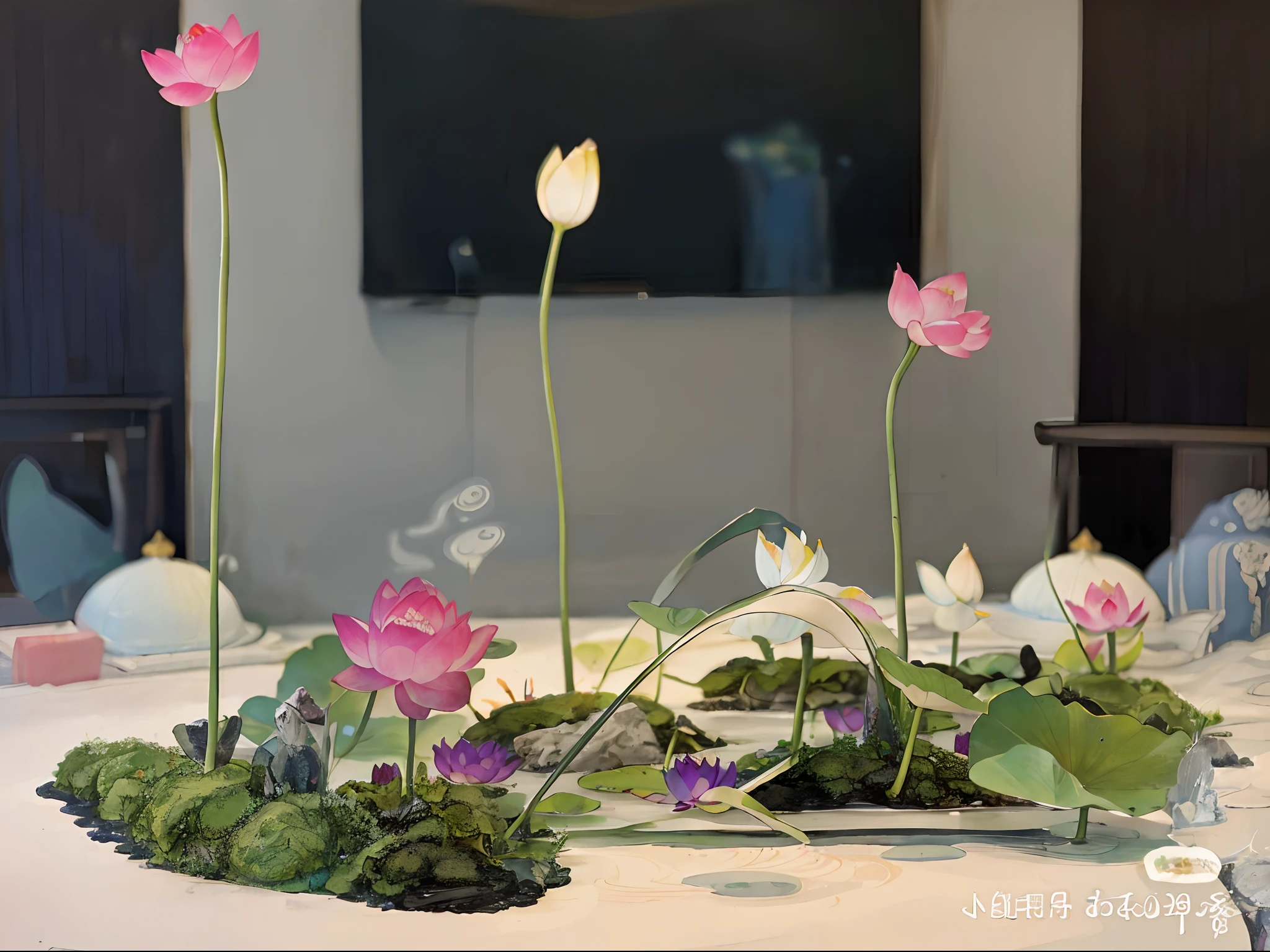 large lotus leaf,lotuses,Ink painting style,clean color,Ink style,Smudge,impressionistic,tmasterpiece,ultra - detailed,Epic composition, high qulity, HighestQuali,Lotus fairy,Ancient wind,Dunhuang Flying Sky