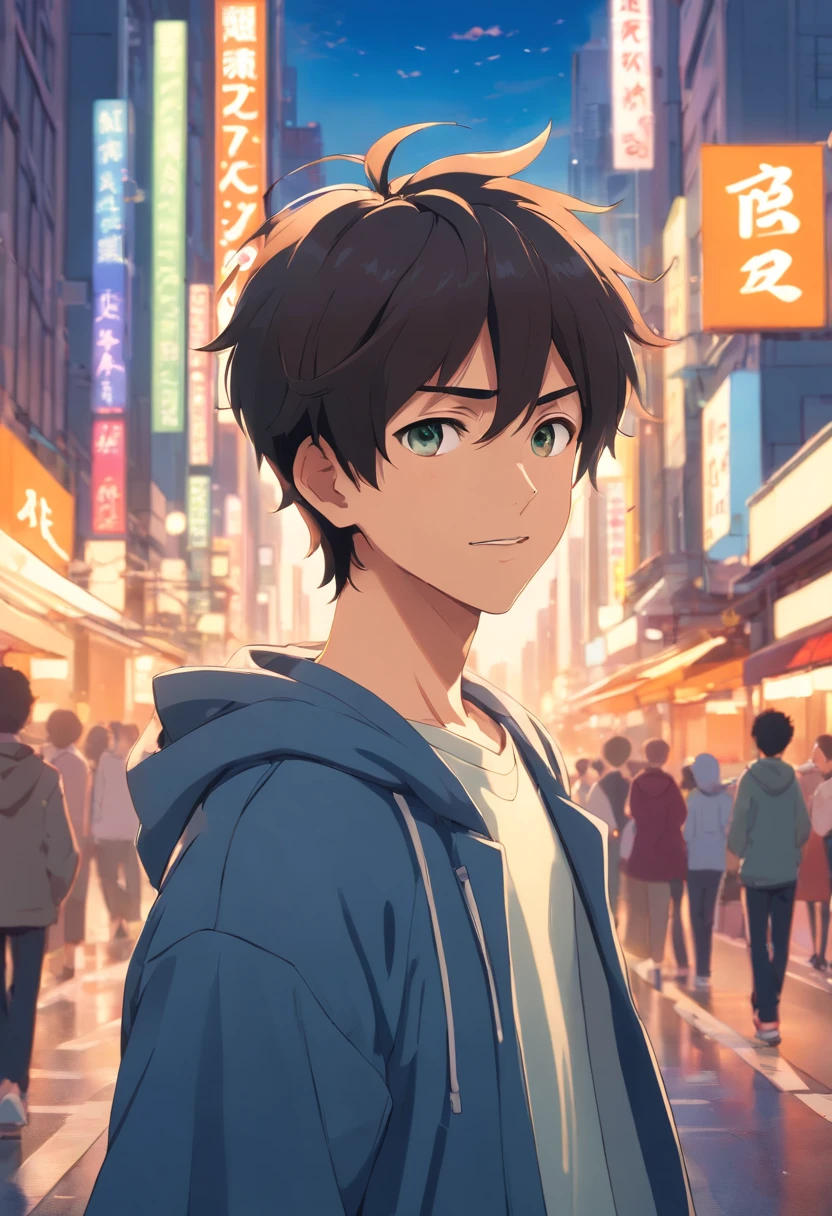A boy, transformed into an anime style, with exaggerated unique facial features and clothing, standing on a bustling city street, backlit background highlighting the subject, high-contrast colors, 4K high-definition quality,young, smiling, handsome