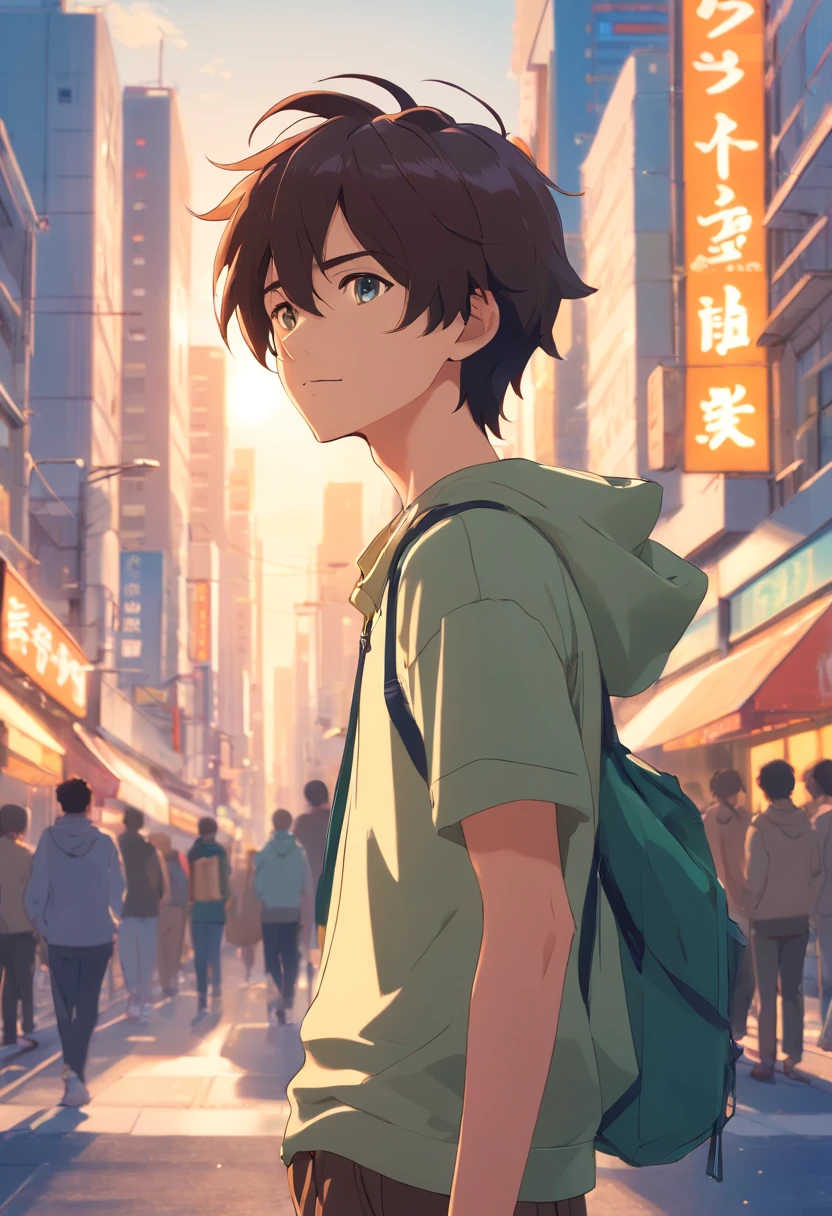 A boy, transformed into an anime style, with exaggerated unique facial features and clothing, standing on a bustling city street, backlit background highlighting the subject, high-contrast colors, 4K high-definition quality,young, smiling, handsome