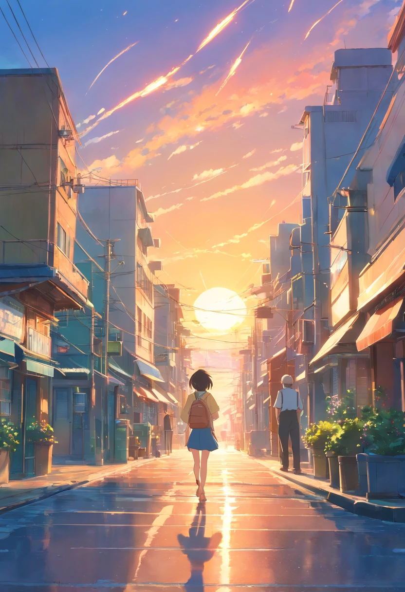 obra-prima, melhor qualidade, estilo Vidas ao Vento, de Hayao Miyazaki, produzido pelo Studio Ghibli, brilhante, feliz, Soft lighting and Warm, sun sunset, (Sparks: 0,7)