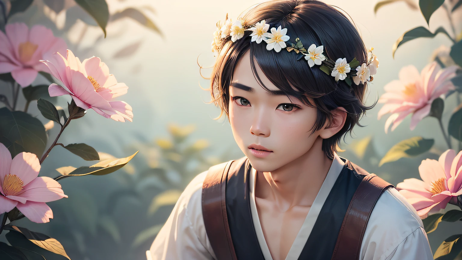 A beautiful boy man,Asian people,Looks like a girl,Make people feel good,,without a beard,No muscles,appropriatelydressed,Wearing a flower crown on his head,Colorful hair,Looks pure and sweet