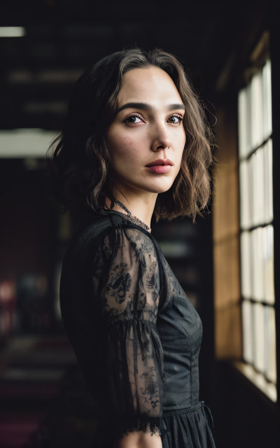 (Melhor Tiro, fotografia editorial de uma jovem de 30 anos gal gadot), (rosto altamente detalhado:1.4) (sorrir:0.7) (fundo biblioteca dentro escuro, Moody, estudo privado:1.3), Steampunk Pirate Airship, Directed by: Lee Jeffries, Nikon D850 | | | | | | | | | | | | | | | | | | | | | | | | | | | | | | | | | |, Fotografia Stock Film, 4 Kodak Portra 400 ,camera f1.6 lentes, cores ricas, hyper realistic, Textura realista, dramatic lighting, Cinestill 800 Flowing Dress with Messy Black Fabrics Short Hair, sérdas, (sardas:].4), pale skinned,