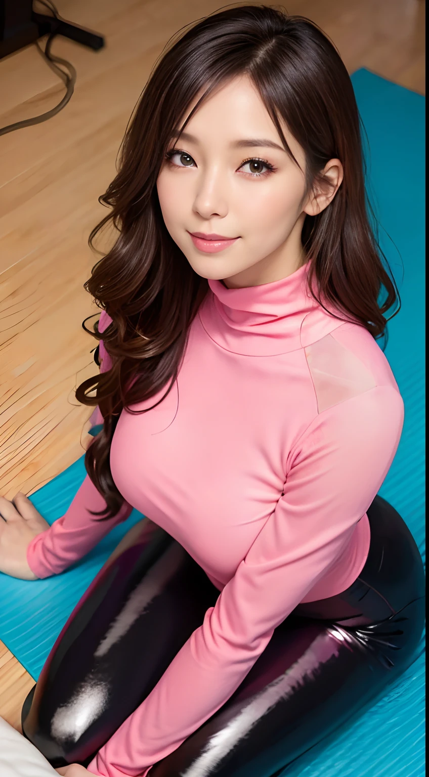 (masutepiece: 1.3), (max resolution: 1.2), (Ultra HDTV: 1.2), cinematric light, Ultra HDTV, (Detailed eyes and skin), (detailed facial features), nffsw, 8K resolution, Chest Sharp Focus: 1.2, Perfect Style, Beautiful face, acurate, Anatomically correct, Highly detailed face and skin texture, Detailed eyes, Dark-blue eyes, Double eyelids, Thin eyebrows, Glitter Eyeliner: 1.2, Natural cheeks, Glossy skin, Fair skin: 1.2,  (Glossy lips: 1.4), BREAK, absurderes, One-person viewpoint, (sports gym、Power Rack), (), (Seductive smile: 1.2), (Staring at the viewer), ((a Innocent and cute girl:1.3)), (Layered hairstyle, Wavy Hair), (light brown hair:1.2), Medium Long Hair, (Full body shot: 1.2), Focus on Face, ((Very intimate relationships: 1.2)), Large breasts, ((Lying on the yoga mat:1.2)), ((Shiny High Neck Long Sleeve Yoga Wear、Glossy long trouser leggings), (From directly above:1.2),