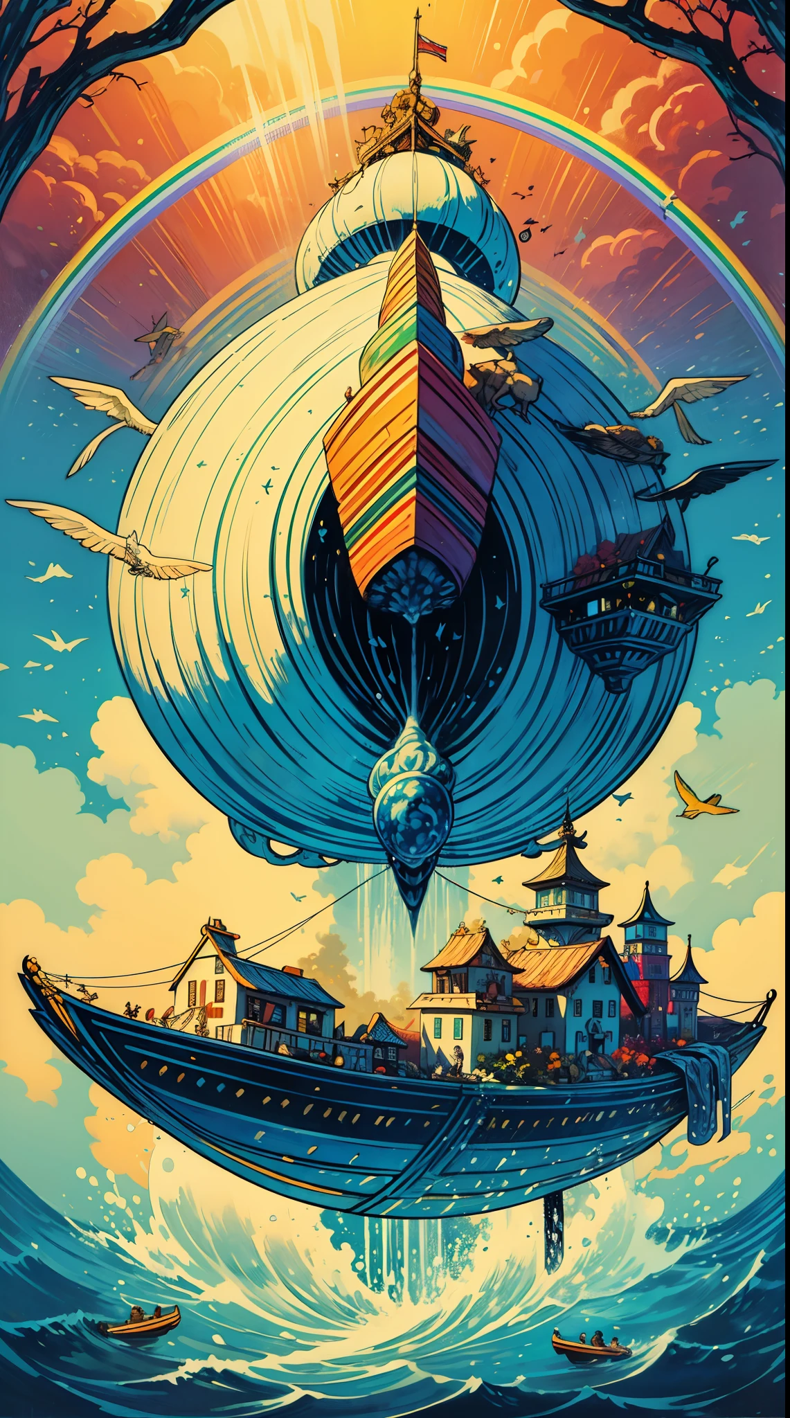 Serene, detailed painting, ((Noah's Ark)), featuring a vibrant rainbow and diverse animal pairs peacefully embarking on their journey, surrounded by gently rolling waves and framed by lush foliage - an artistic interpretation that highlights the beauty of harmony and collaboration among species. neowrsk.
