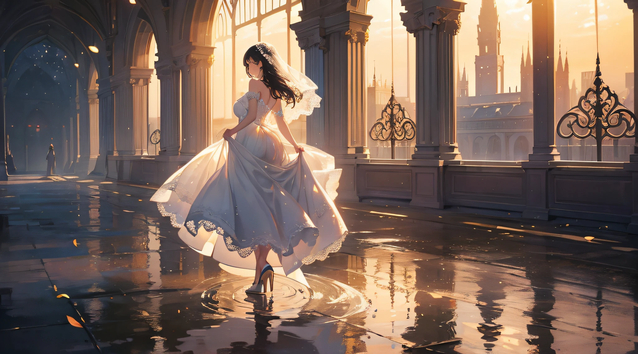 ((Masterpiece)), ((Top quality)), ((High quality)), Girl, (Full body), (Standing on water), (Lace dress), Wedding dress, Jewelry decoration, Glass high heels , grains of light, backlight, mysterious, elegant, (sunrise)