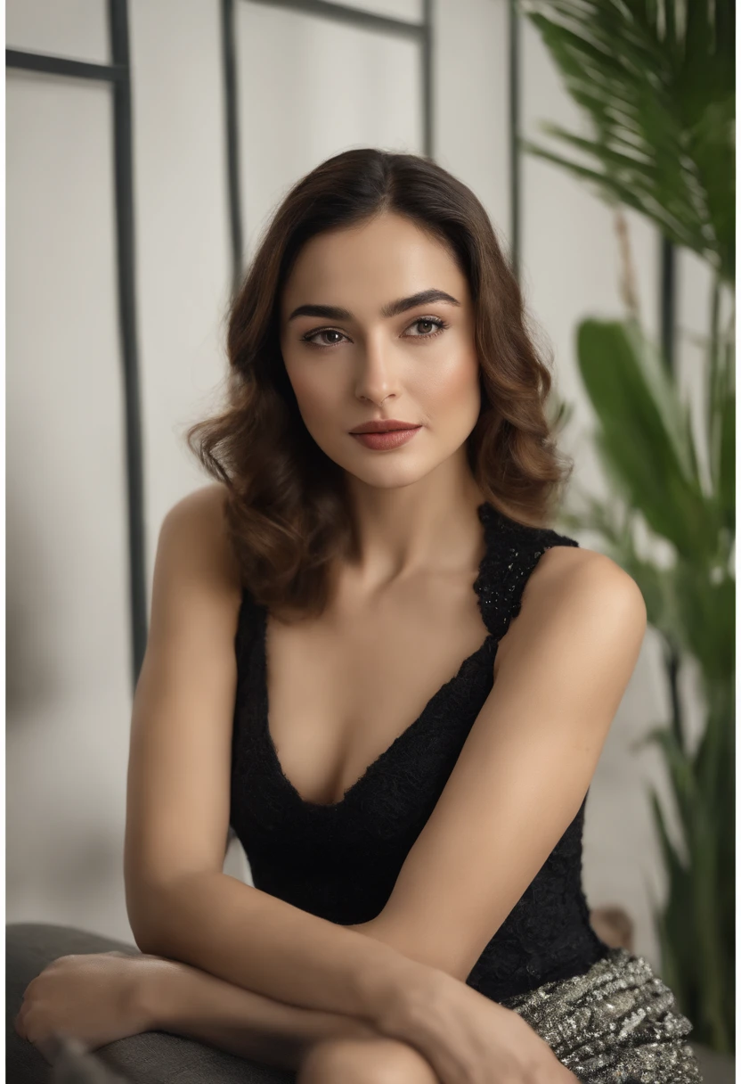 Hania amir on the sofa in tight black bra