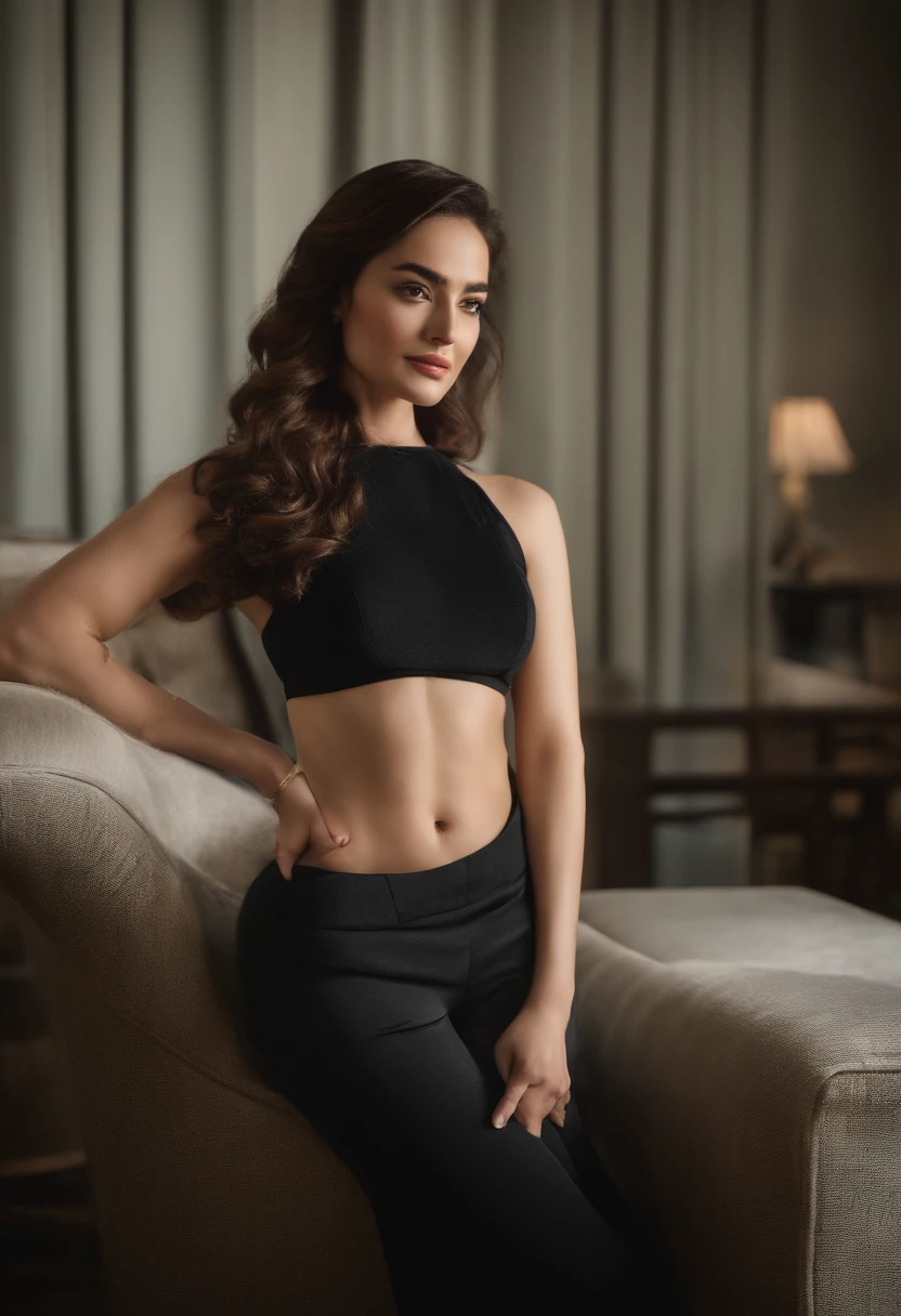 Hania amir on the sofa in tight black bra