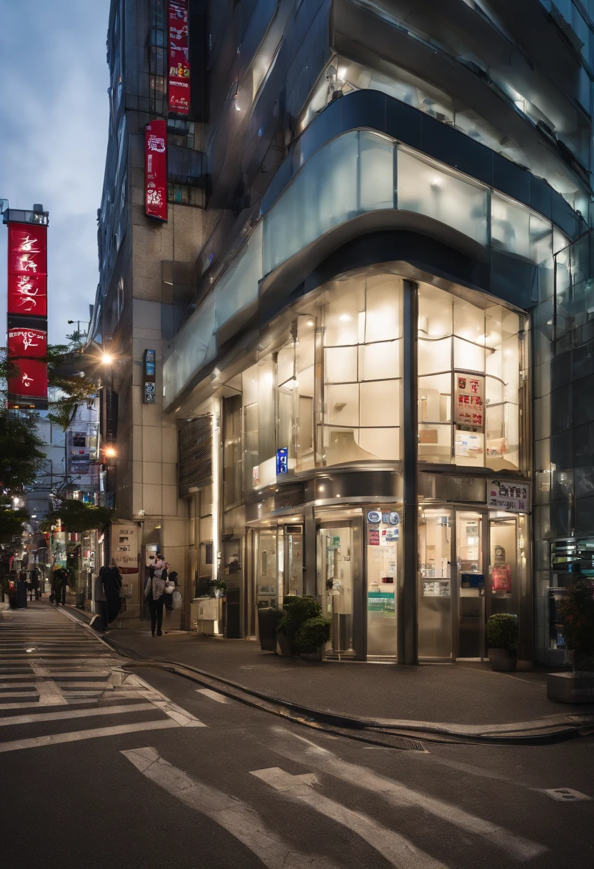 ikebukuro in tokyo, tenant building, appearance, clinic, cram school, ((entrance)),((automatic door:1,5)),messy,advertisements and posters
