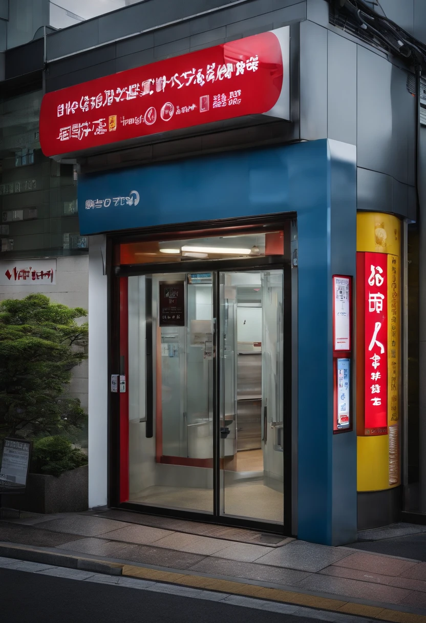 ikebukuro in tokyo, tenant building, appearance, clinic, cram school, ((entrance)),((automatic door:1,5)),messy,advertisements and posters