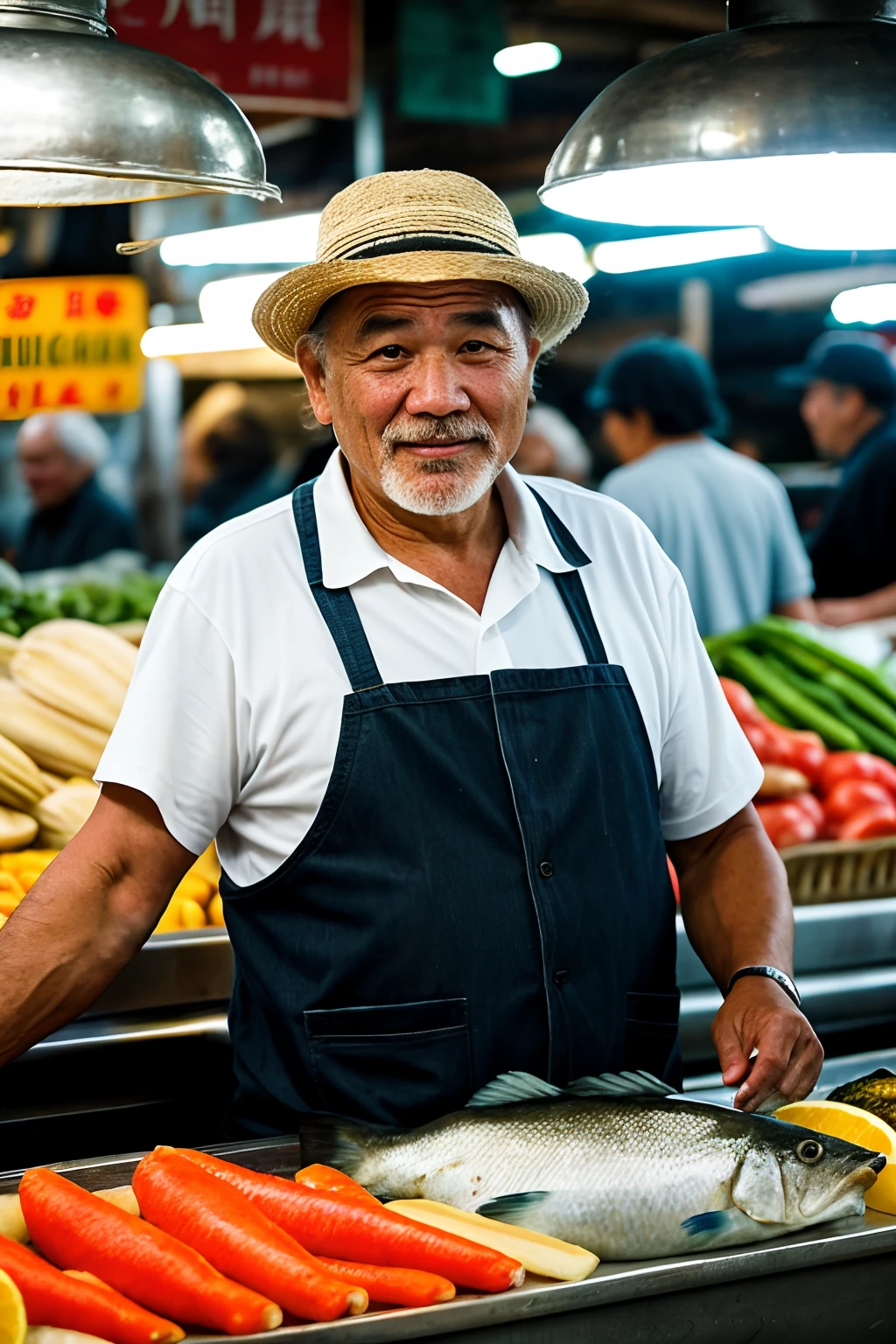 An old man, with black hair and wearing a sando, curiously selling fish in the bustling fish market. The market is filled with the aroma of fresh seafood, vibrant colors, and lively conversations. The old man's face shows the stories of a lifetime, with deep wrinkles and weathered skin. His hands are calloused from years of hard work, skillfully handling the fish and showcasing his expertise. The market scene is filled with various types of fish, displayed on ice-covered counters, glistening and tempting passersby. The ambient lighting highlights the textures and colors of the scene, creating a captivating atmosphere. The old man's attire gives a casual and relatable feel, connecting with the audience, particularly those around 40 years old. The prompt aims to generate a high-resolution, realistic image, emphasizing the intricate details of the old man's face, the fish, and the vibrant market environment.