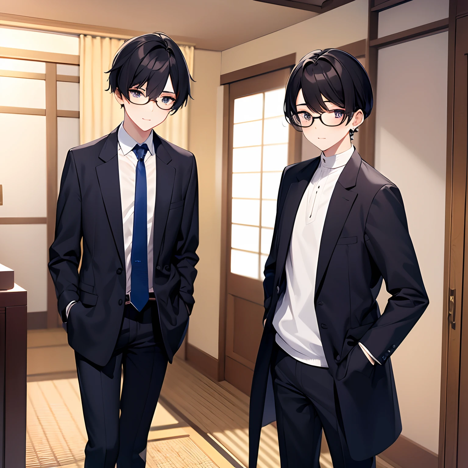 10 generations　Male child　twinks　1 persons　A dark-haired　eye glass　　A dark-haired　eye glass　piercings　coat　Japan school uniform　Wearing clothes　Long pants　　cute  face