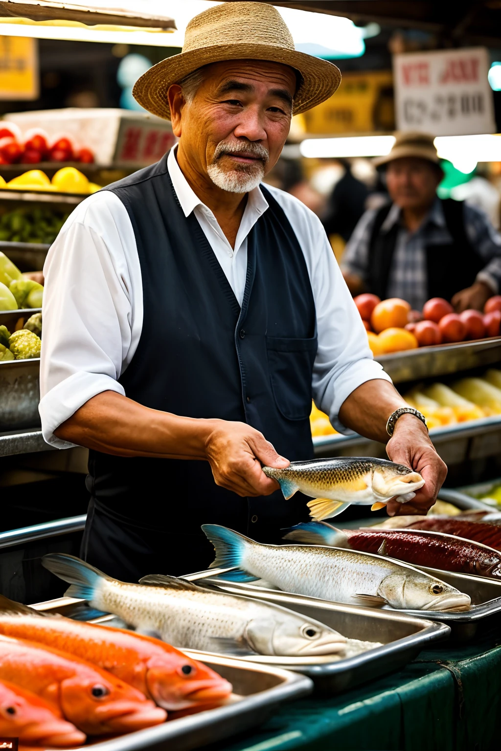An old man, with black hair and wearing a sando, curiously selling fish in the bustling fish market. The market is filled with the aroma of fresh seafood, vibrant colors, and lively conversations. The old man's face shows the stories of a lifetime, with deep wrinkles and weathered skin. His hands are calloused from years of hard work, skillfully handling the fish and showcasing his expertise. The market scene is filled with various types of fish, displayed on ice-covered counters, glistening and tempting passersby. The ambient lighting highlights the textures and colors of the scene, creating a captivating atmosphere. The old man's attire gives a casual and relatable feel, connecting with the audience, particularly those around 40 years old. The prompt aims to generate a high-resolution, realistic image, emphasizing the intricate details of the old man's face, the fish, and the vibrant market environment.
