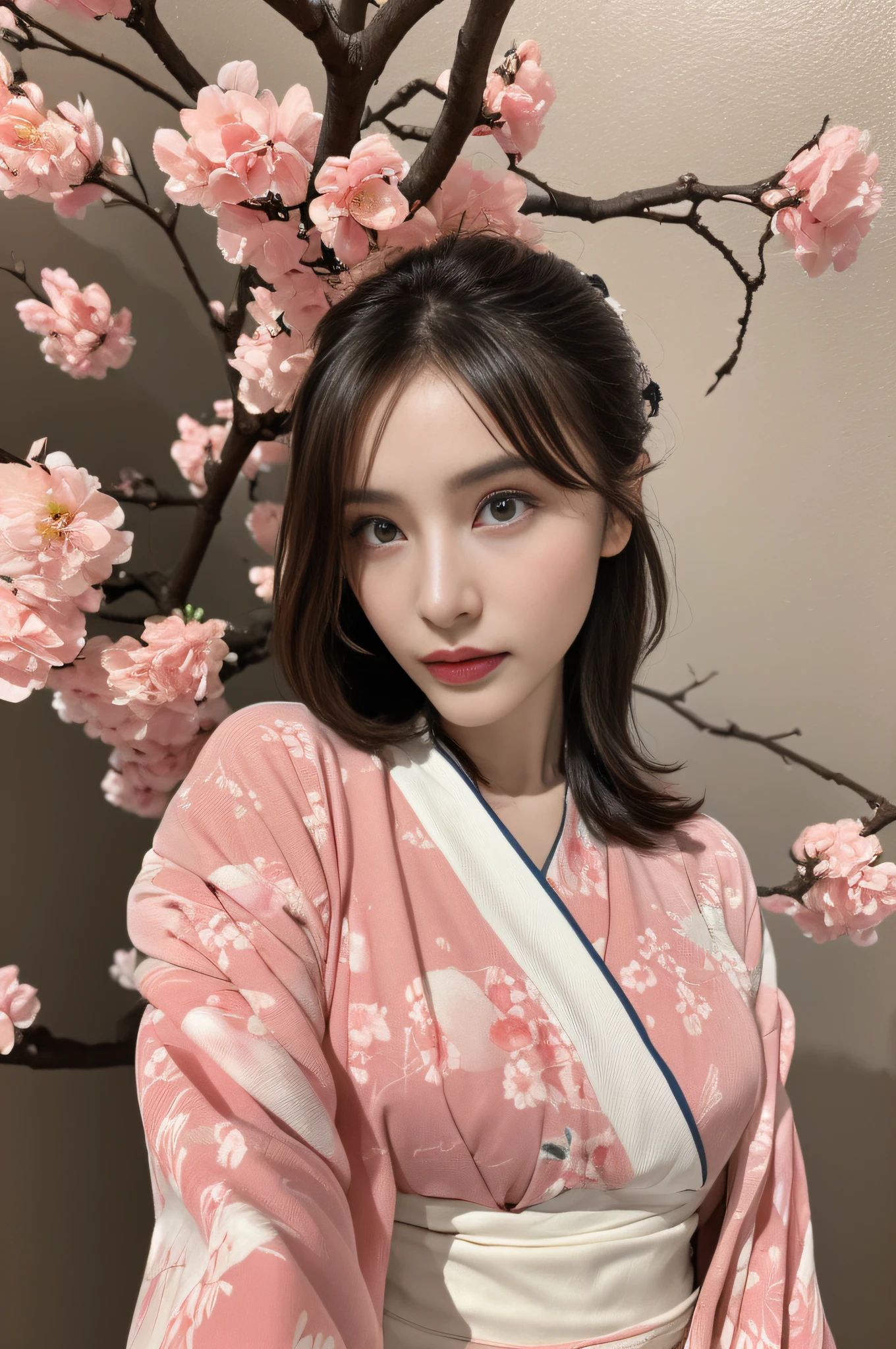 ((BEST QUALITY、8k、A Masterpiece：1.3))、Crisp focus：1.2、Beautiful woman in perfect style：1.4、Slender abs：1.2、((Dark Brown Hair、Big Boobs：1.2))、(Pink,、floral print、kimono ,:1.1)、Street:1.2、Very detailed face and skin texture、detailed eye、Double eyelidd