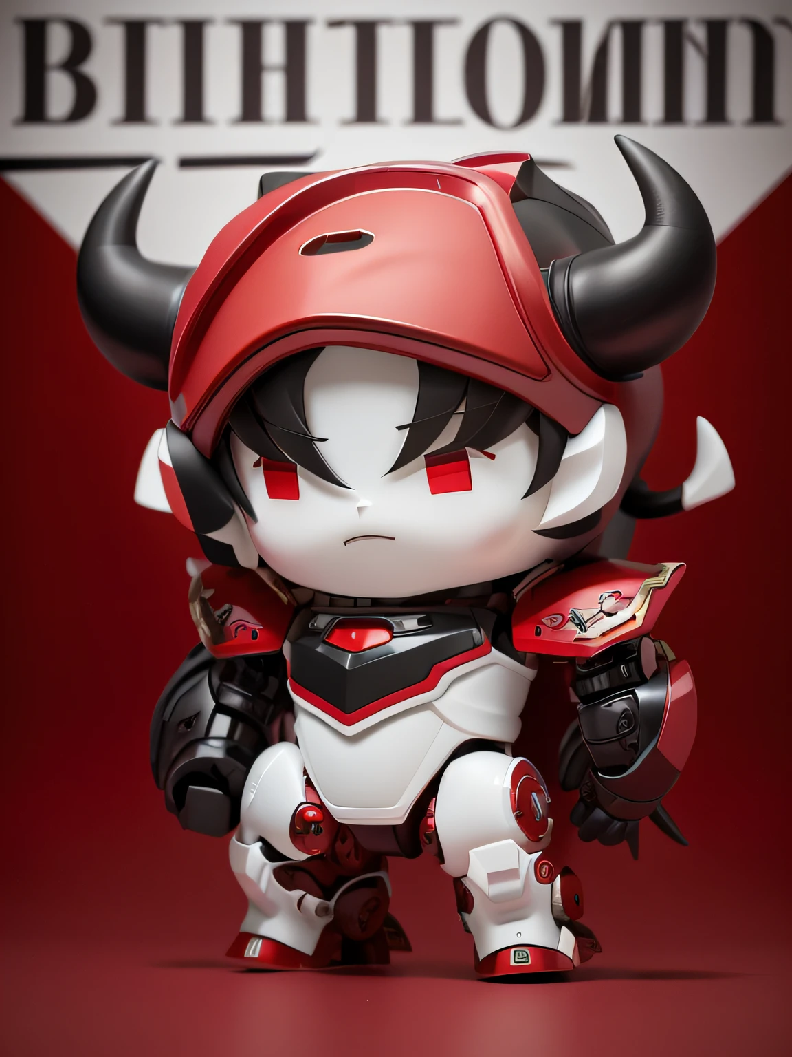 There is a red and black robot,There are horns on it, cow head, Mechanical wind, Heavy red and black armor, golden taurus, Fira White Machine, knights of zodiac girl, matt white color armor, white metal neocubism armor, moon bull samurai, Nendoroid 3D, Beautiful robot character design