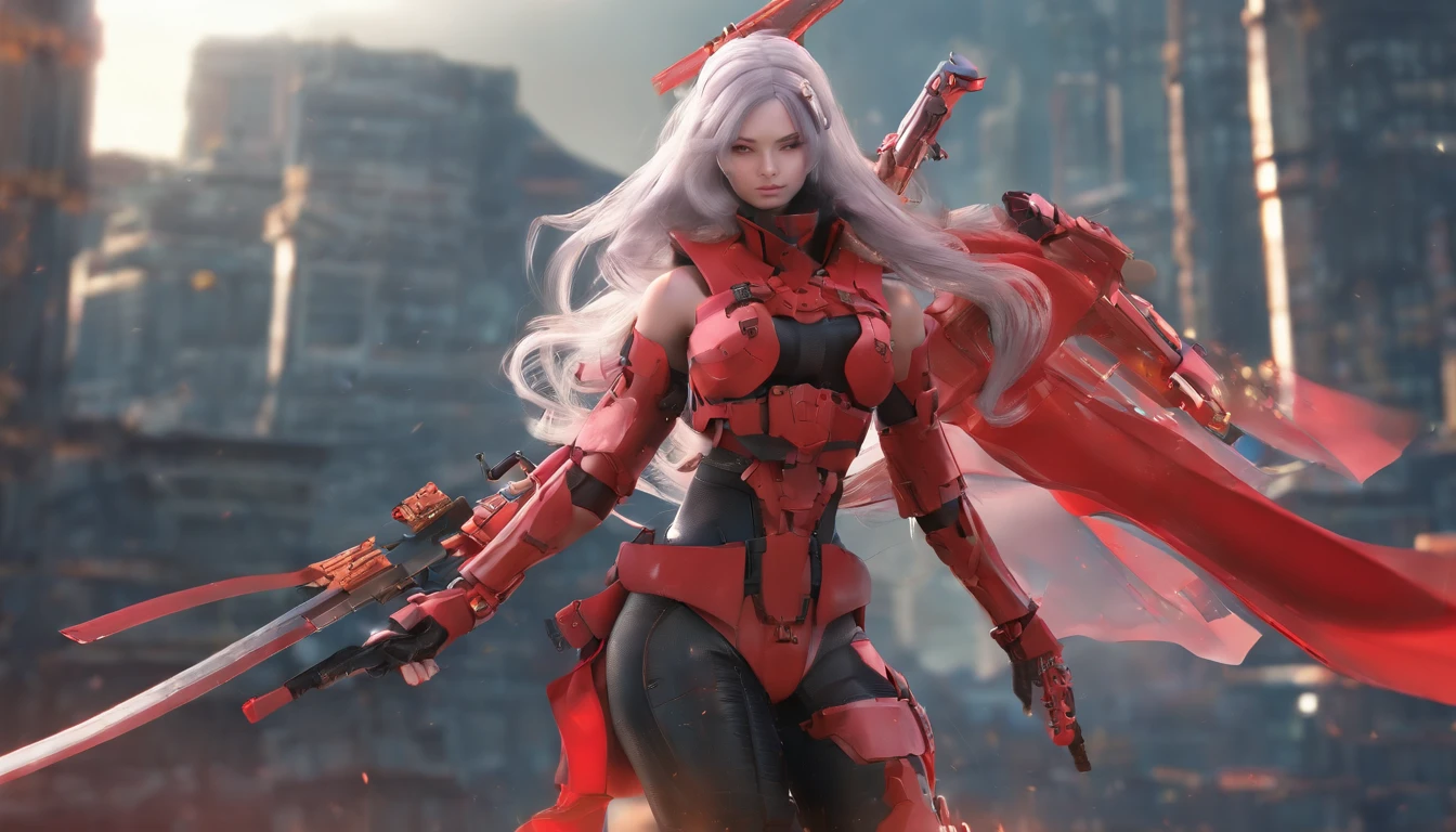(Female ninja cruel mecha: 1.3, The whole body is covered with mechs, Heavy-duty AWP on the back, Digital SLR, Light tracing, 。.3D, concept-art, Action painting, cinmatic lighting, Chiaroscuro) :(1.3). Highlight the curve of the chest, The long white ponytail hair looks elegant and charming. Masterpiece 8K resolution, (Death and fear of killing): 0.5, A long red scarf flutters in the wind, War-torn city as a backdrop.