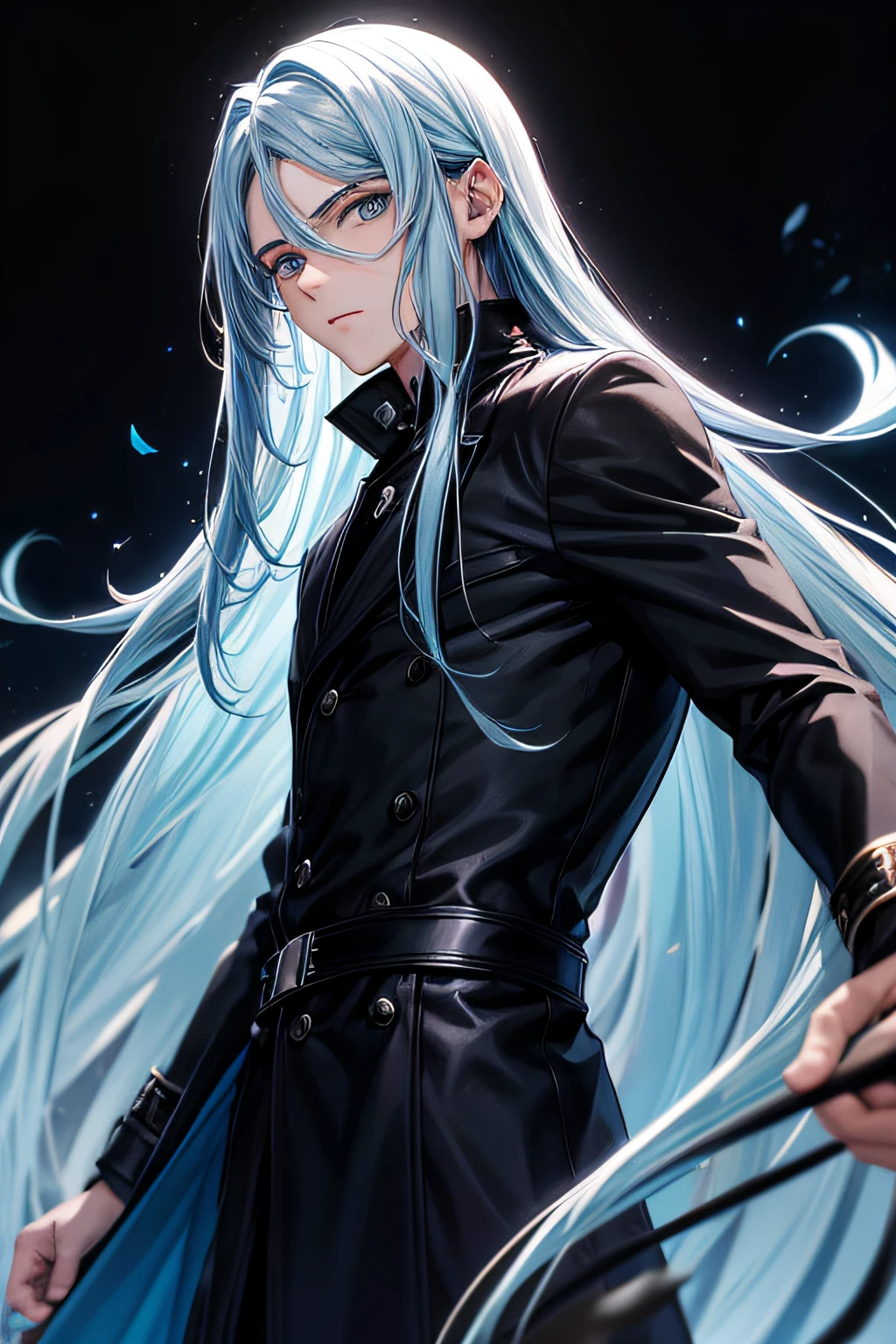 olhos de anime, A young man, cabelos azuis longoanime eyes, a young man, long blue hair, black overcoat, black backgrounds, sobretudo preto, fundo preto