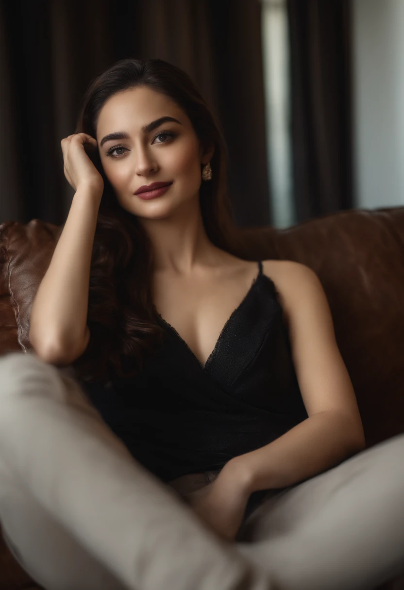 Hania amir on the sofa in tight black bra