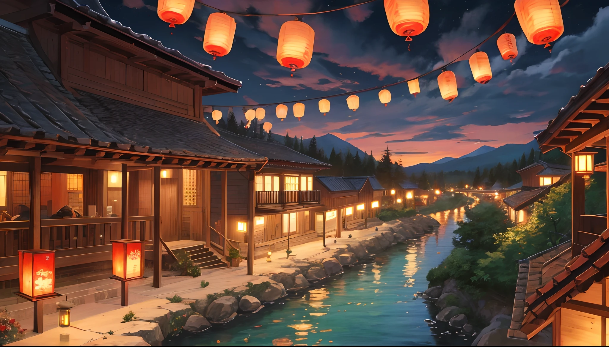 Red auspicious clouds,Ancient Mountain River Stream,fire works,Lights of all homes,lanterns