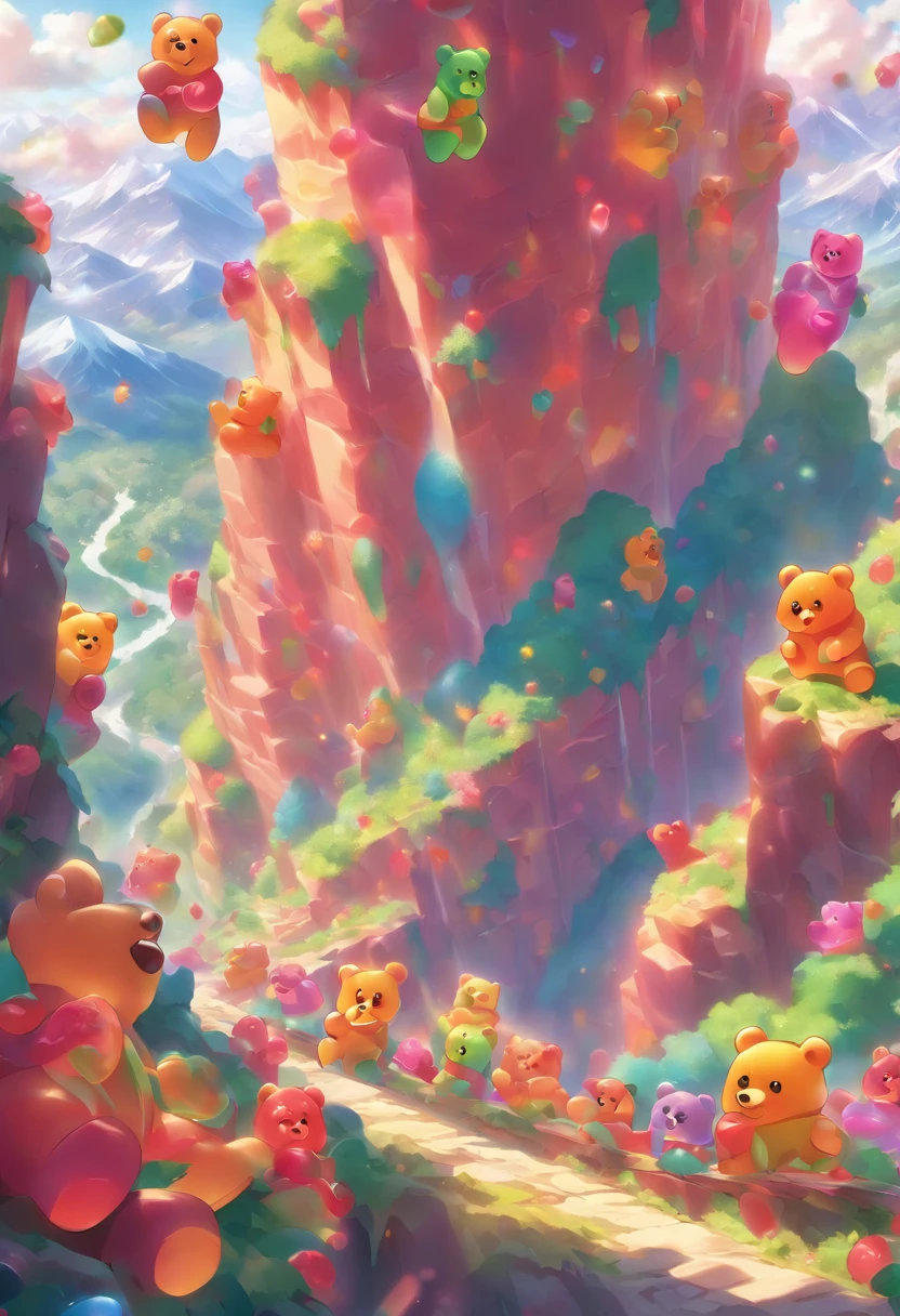 Design a fantastical landscape where gummy bears cascade down a mountainside like an avalanche, with little gummy bear climbers attempting to conquer the sugary peaks