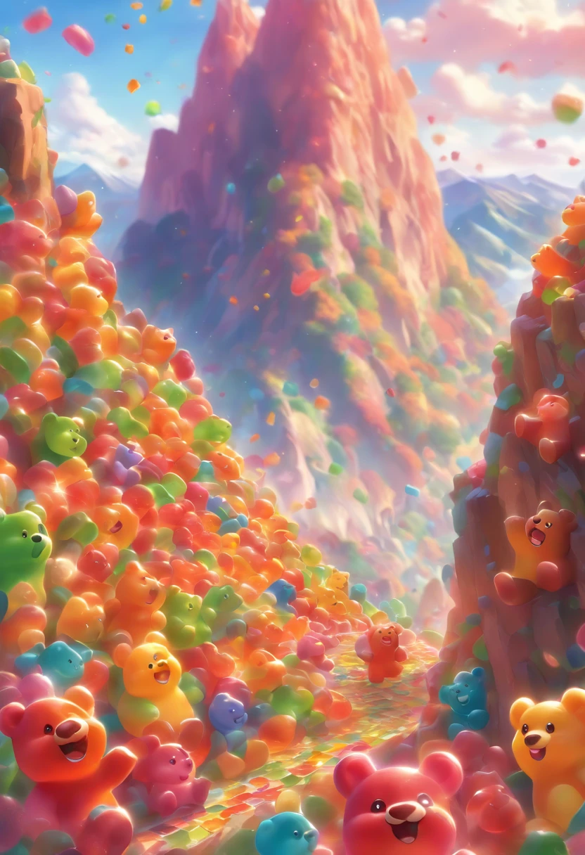Design a fantastical landscape where gummy bears cascade down a mountainside like an avalanche, with little gummy bear climbers attempting to conquer the sugary peaks