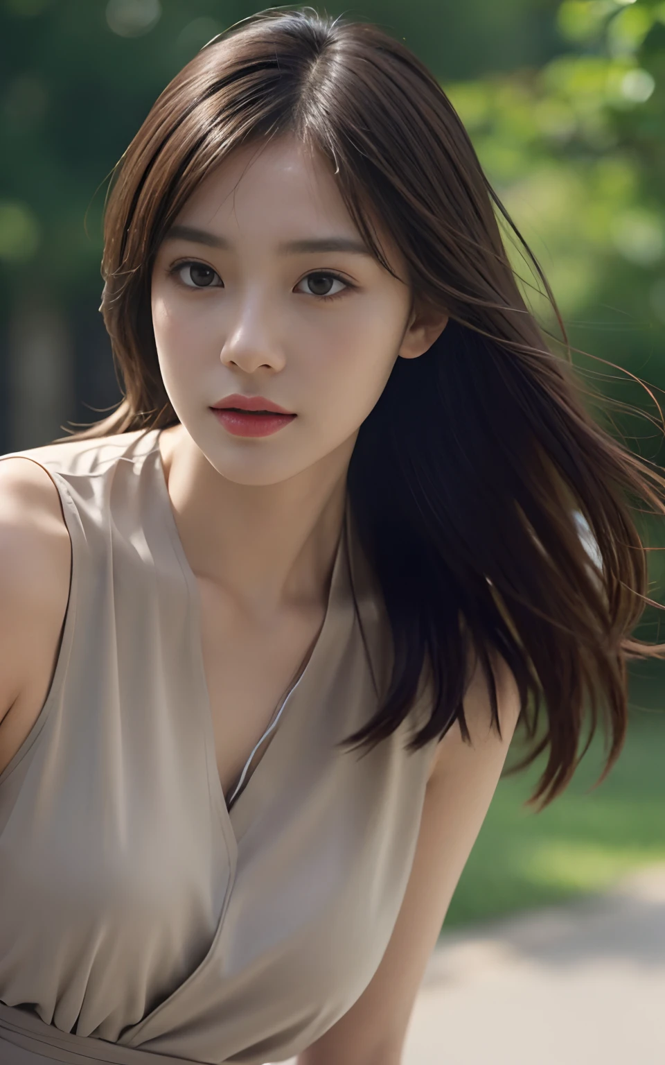 masutepiece, The highest image quality, High quality, Beautiful woman, Japanese, Detailed, Detailed eyes, Detailed skin, Beautiful skin, 超A high resolution, (reality: 1.4),Very beautiful, Slightly younger face, Beautiful skin, Slender, (ultra-realistic realism), (A high resolution), (8K), (Very detailed) (Beautifully detailed eyes), (Super detailed), vests, Skirt, (the wallpaper), (Detailed face), view the viewer, Fine details, Detailed face, Sad, Staring straight ahead, Staring straight ahead, angle from waist up, Photos realistic, Bright lighting, Professional lighting, Mature woman, Brown hair, Straight shoulder-length hair swaying in the wind, Long stylish bangs,