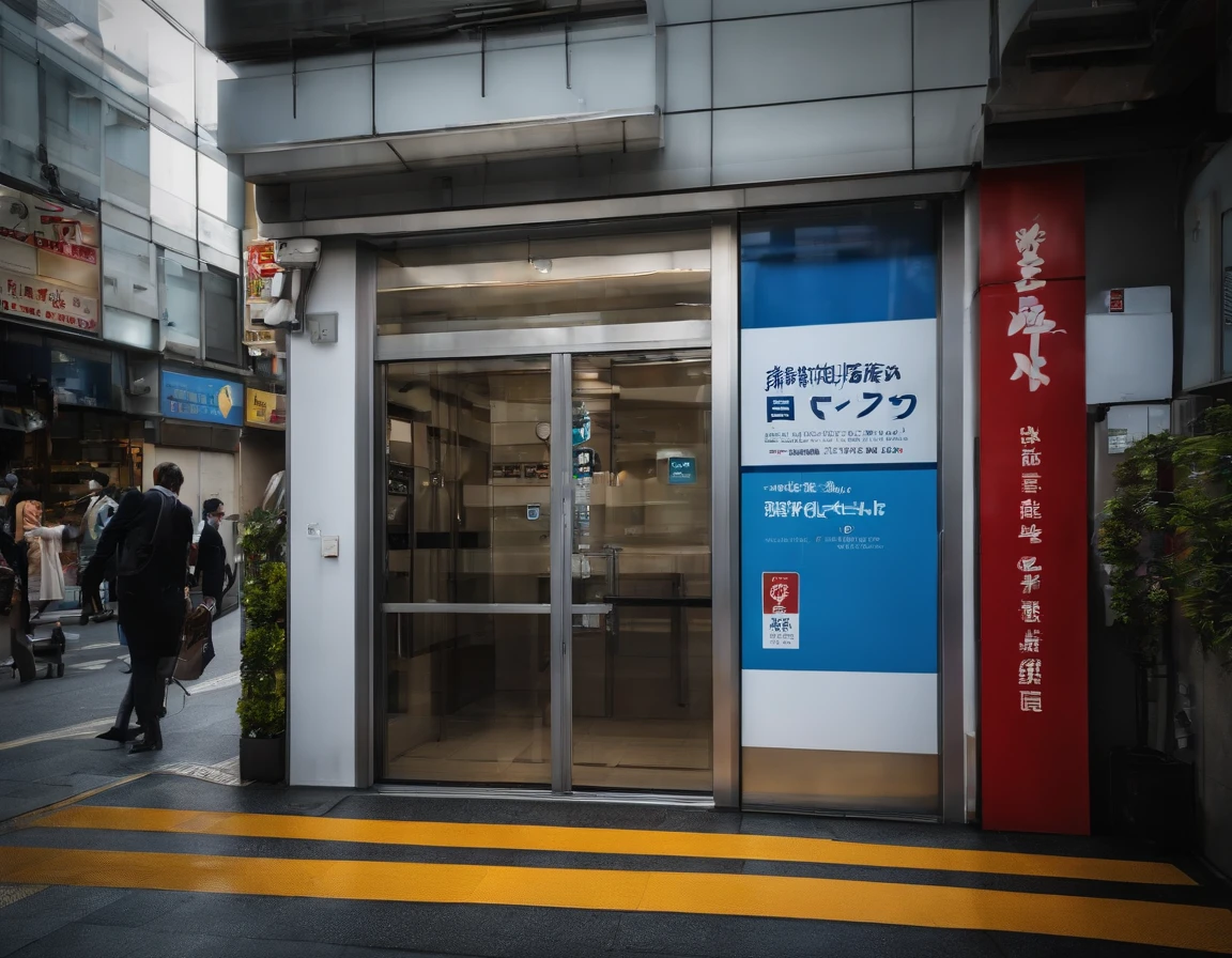 ikebukuro in tokyo, tenant building, appearance, clinic, cram school, ((entrance)),((automatic door:1,5)),messy,advertisements and posters