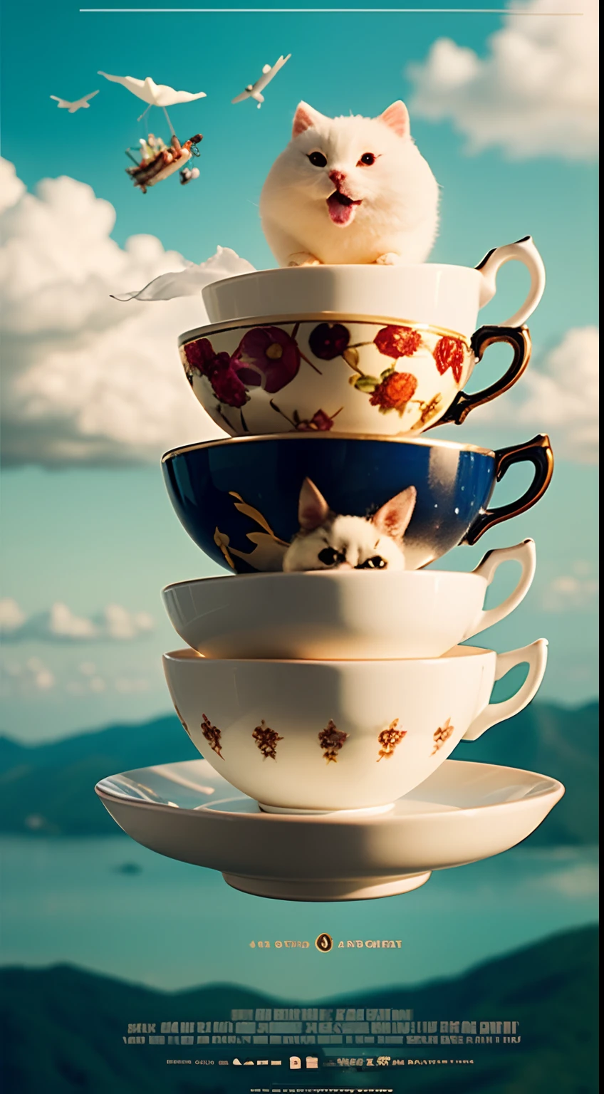 Create a whimsical scene of floating teacups, each with cute whimsical creatures like marshmallow inside, parading through the sky in a playful tea party in the clouds, make it like a movie poster, add cinematic feel,