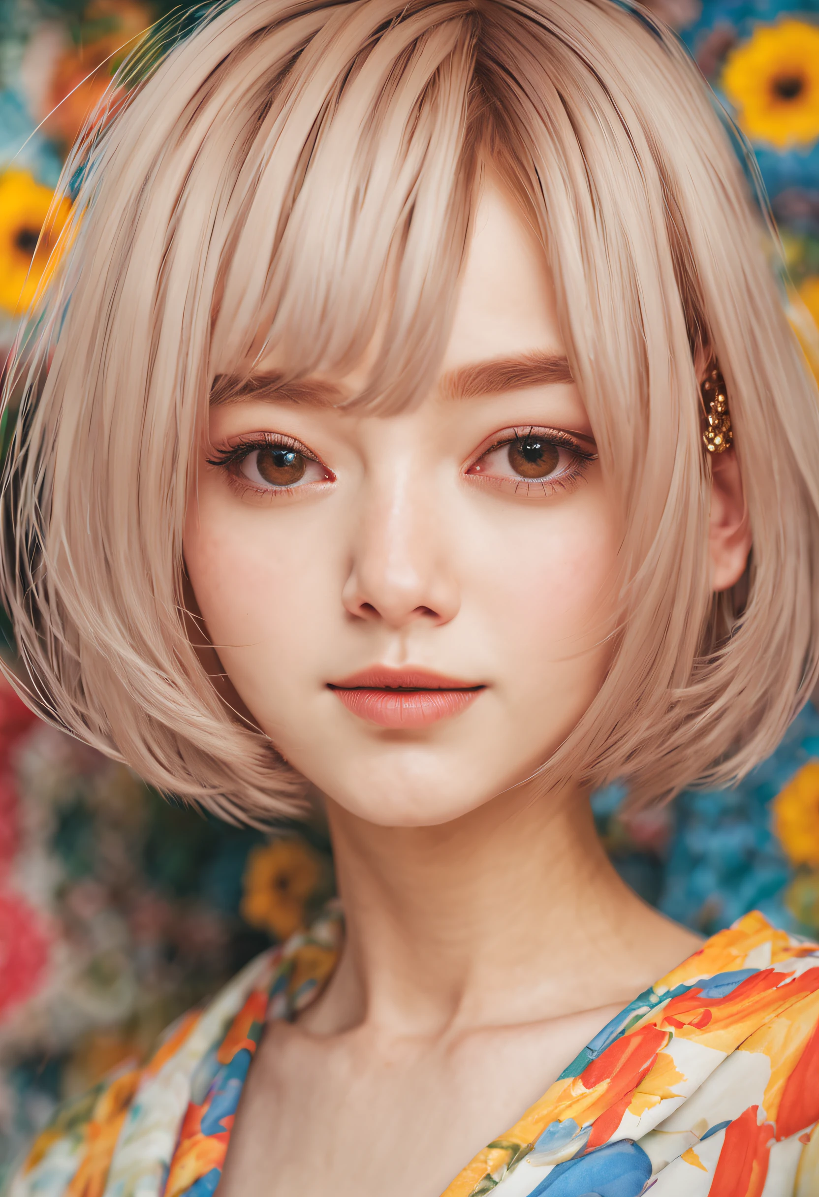 masutepiece, Best quality, illustration, Ultra-detailed, finedetail, A high resolution, 8K wallpaper, Perfect dynamic composition, Beautiful detailed eyes, Women's Summer,Short Bob Hair,Small breasts with natural color lips, Bold sexy pose,Smile,Harajuku、20 years girl、Cute、Look at the sexy shots of the lens