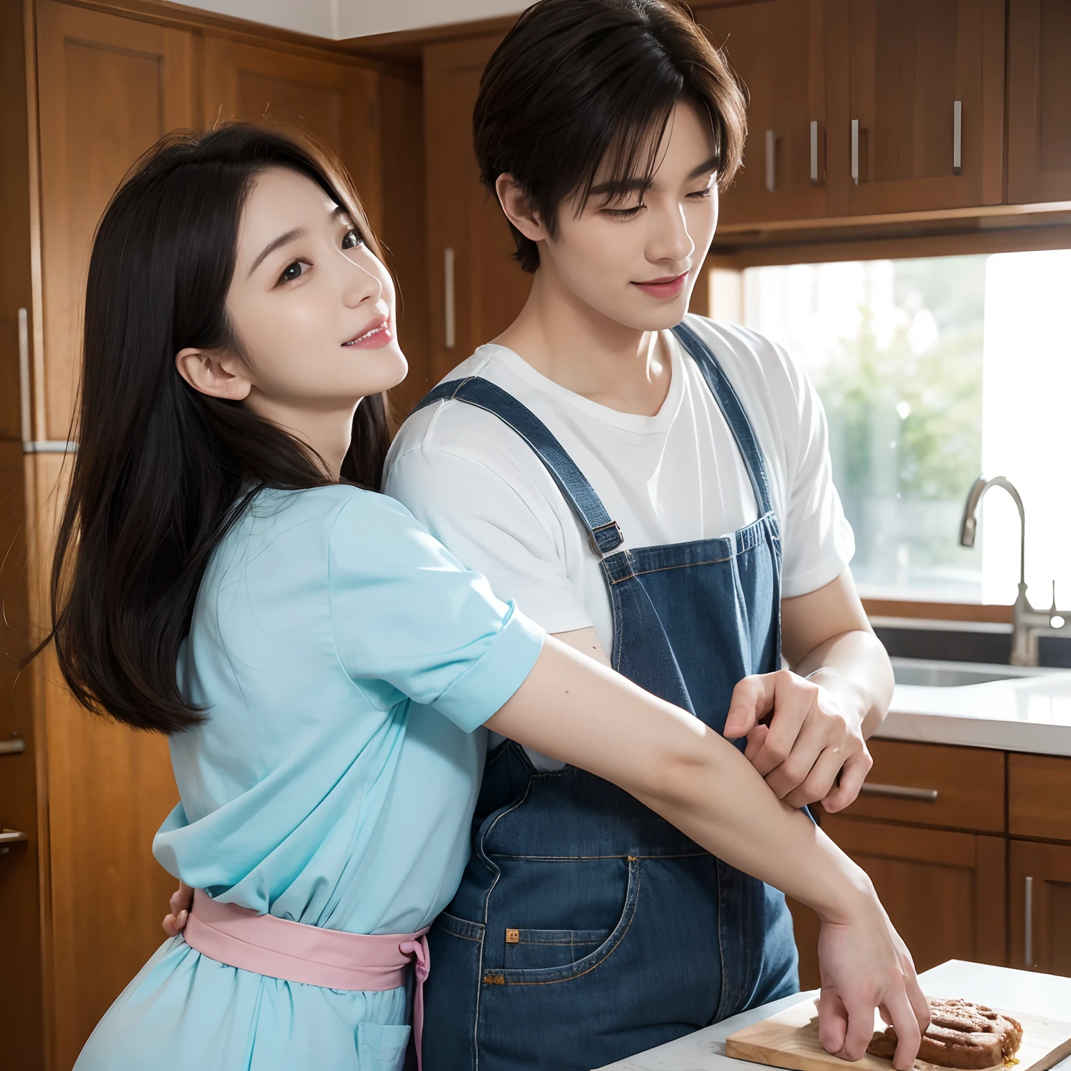 best qualtiy、masterpiece、fidelity:1.3、超A high resolution、(Photorealsitic:1.4)、Couple hugging each other in the kitchen(Year difference couple、The woman is tall:1.5、Man is a boy)、1 The most beautiful beauties of Japan(Wearing an apron、Bob Hair)、1 boy with a cute face(shortsleeves)The ultra -The high-definition、Flirting