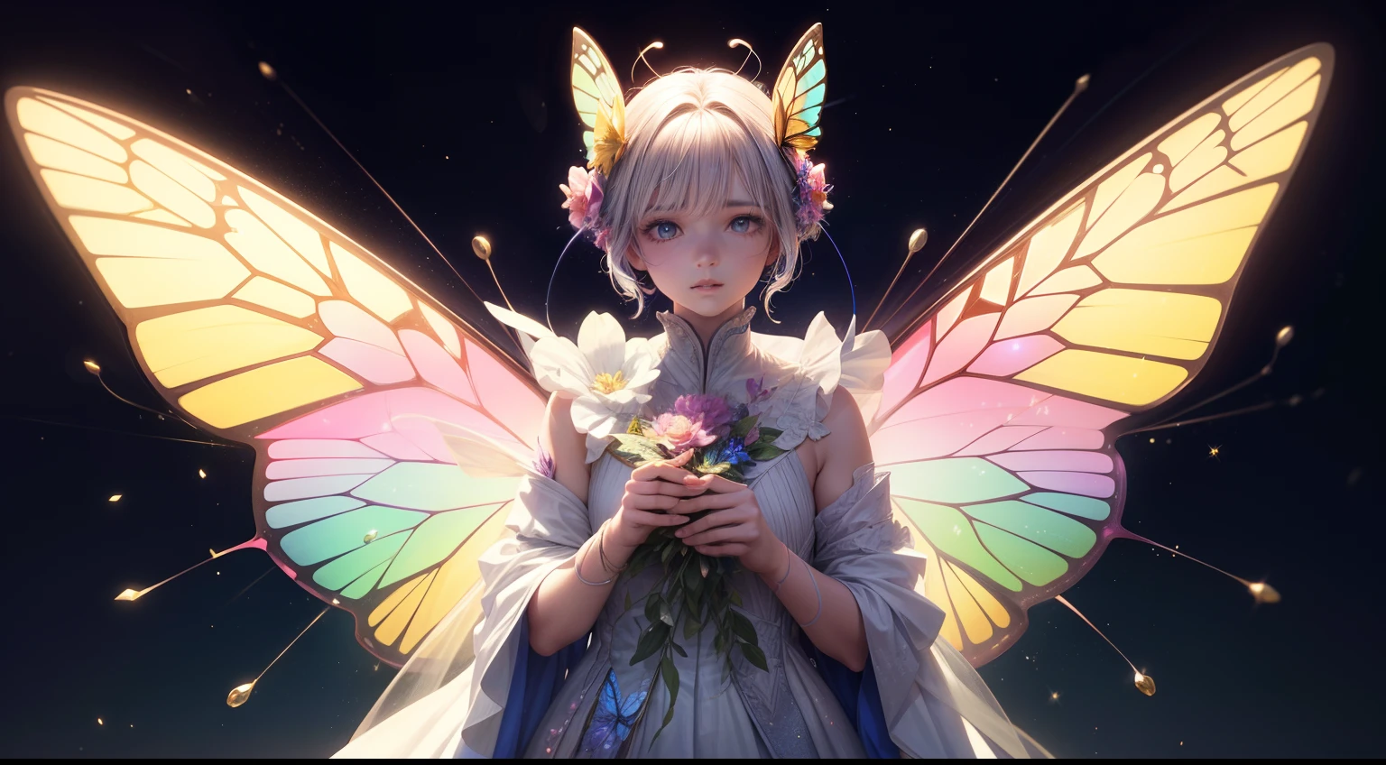 A strange creature with a multi-colored body, Delicately decorated, Sparkling wings, This is like a cross between a butterfly and a flower, 8k, Quilty Altitude, Realistic, Beautiful realism, outstanding detail, RAW photo, Light and cool lighting, realistic photo, Cel shaded, Gel lighting, ultra-detail, 3D Realistic