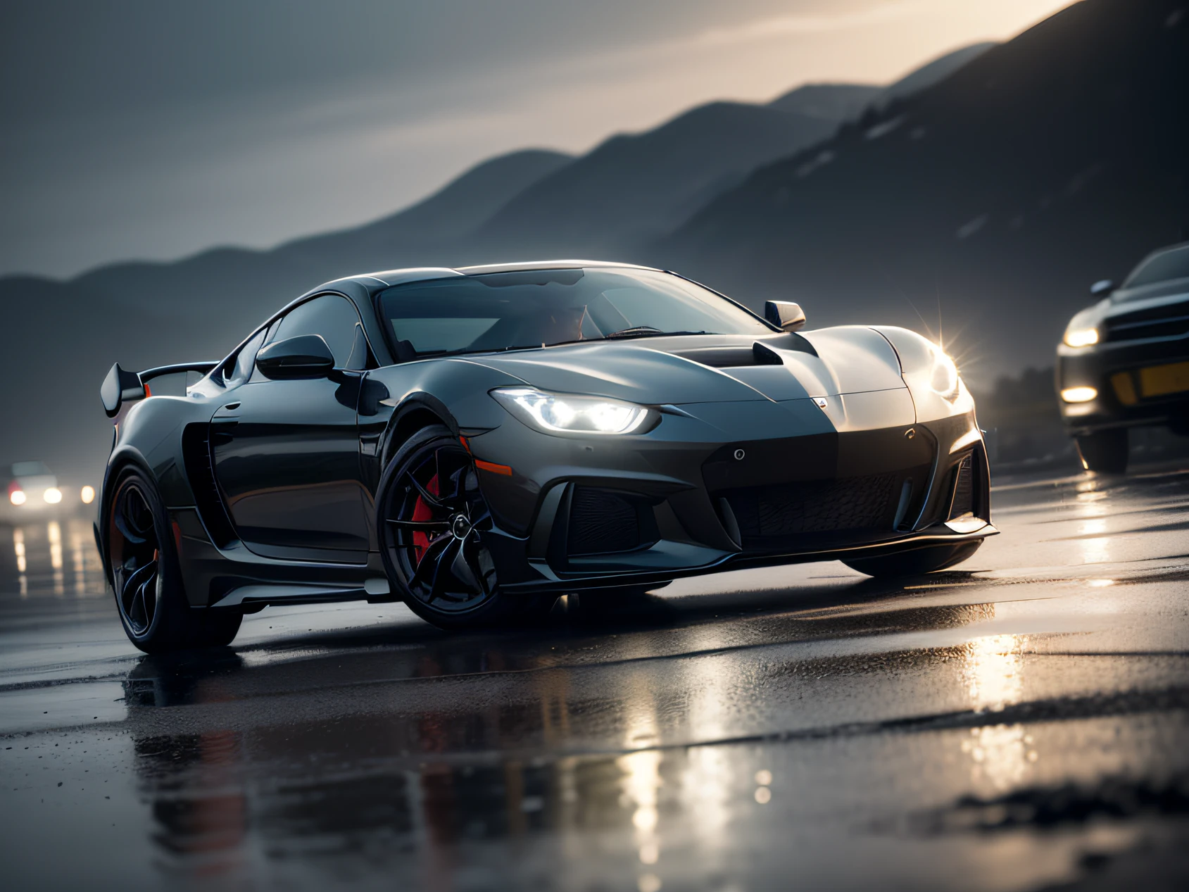 Close-up of a sports car driving past a puddle, Sharp-focus dynamic light, Highly reflective light, Brightly lit, strong rimlight, extreme hight detail, contrast side light, spotlight at a 90 degree angle, Sharp-focus dynamic lighting, light lighting side view, volumetric lighting — w 6 4 0, Intense cinematic light, Enhanced light effects, Lightweight