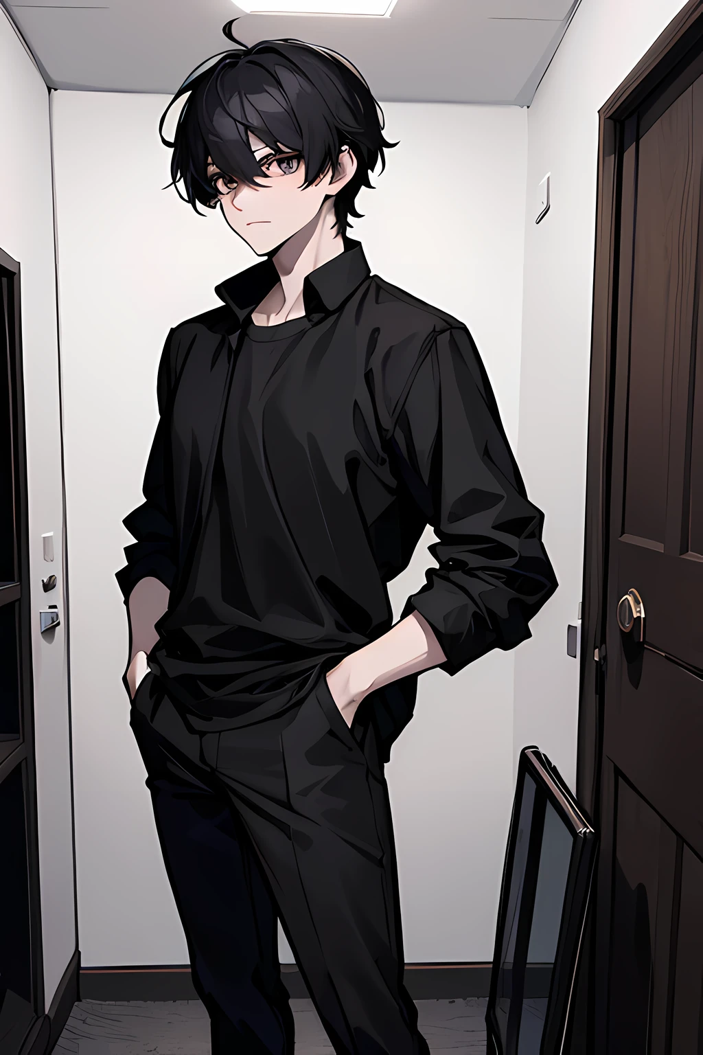(absurdres, 8k, 4k, masterpiece, hyper extreme detailed:1.2), solo, side view, perfect face, 1guy, portrait, looking at viewer, solo, standing, nervous, scared, weak, scrawny, black hair, adult, white jacket, black shirt, baggy pants, casual wear, masculine, perfect anatomy, hands in pockets, short hair, room background, night-time, swept bangs, messy hair, adult, mature adult, weak, pale, skinny,