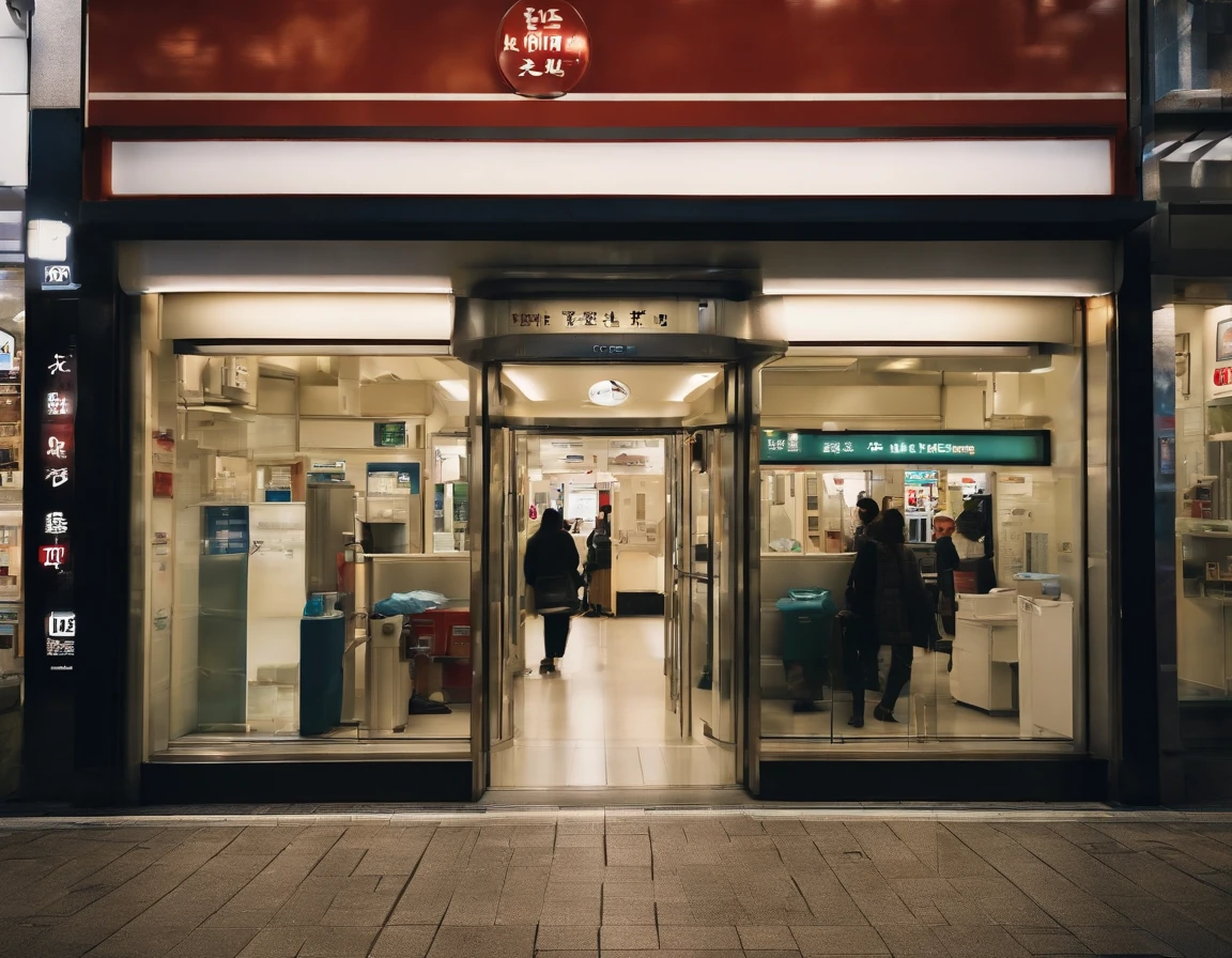after noon ,ikebukuro in tokyo, tenant building, appearance, clinic, cram school, ((entrance)),((automatic door:1,5)),messy,advertisements and posters