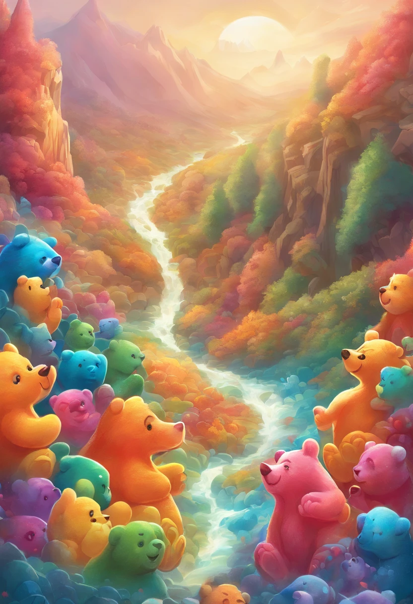 Design a fantastical landscape where gummy bears cascade down a mountainside like an avalanche, with little gummy bear climbers attempting to conquer the sugary peaks