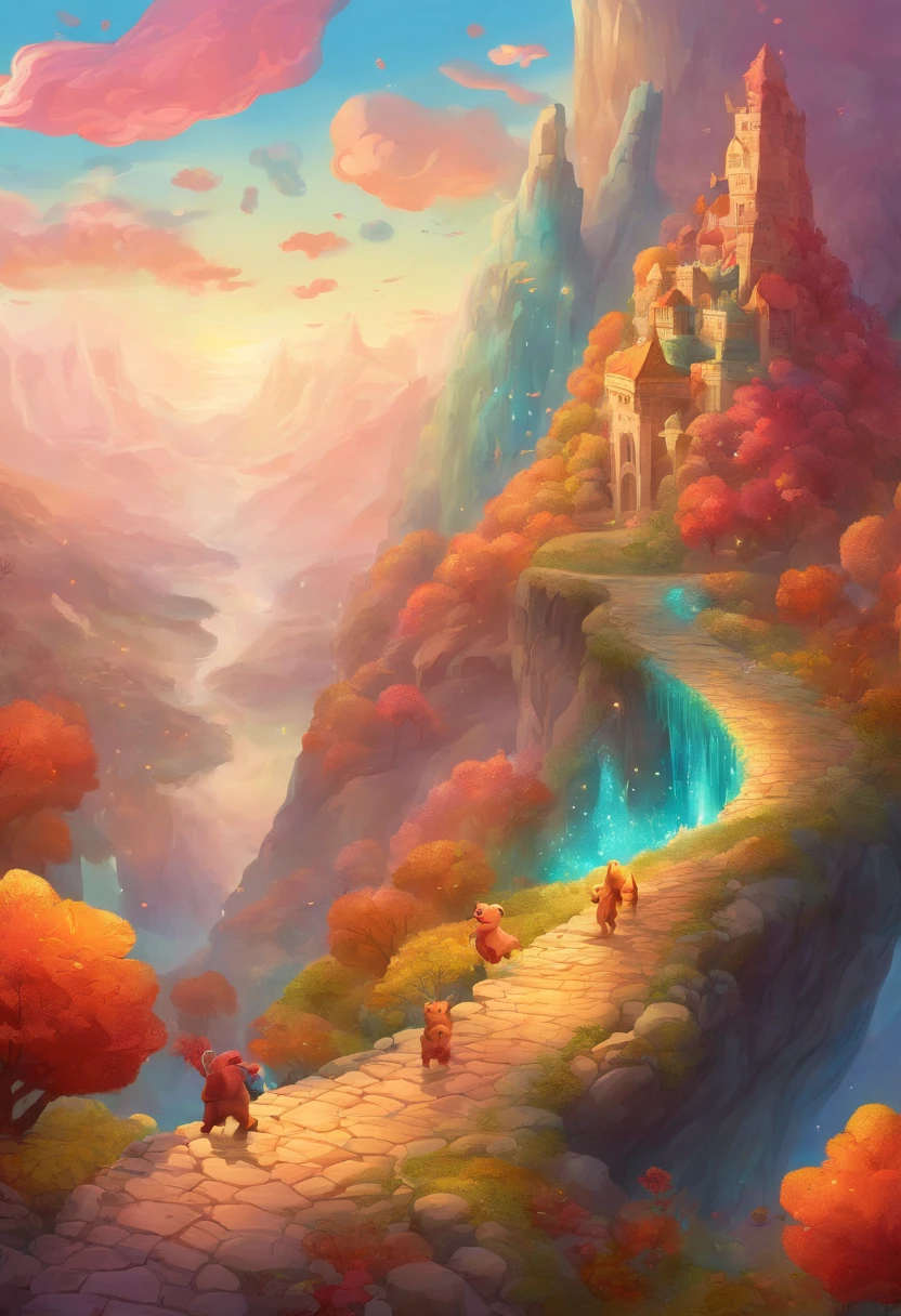 Design a fantastical landscape where gummy bears cascade down a mountainside like an avalanche, with little gummy bear climbers attempting to conquer the sugary peaks