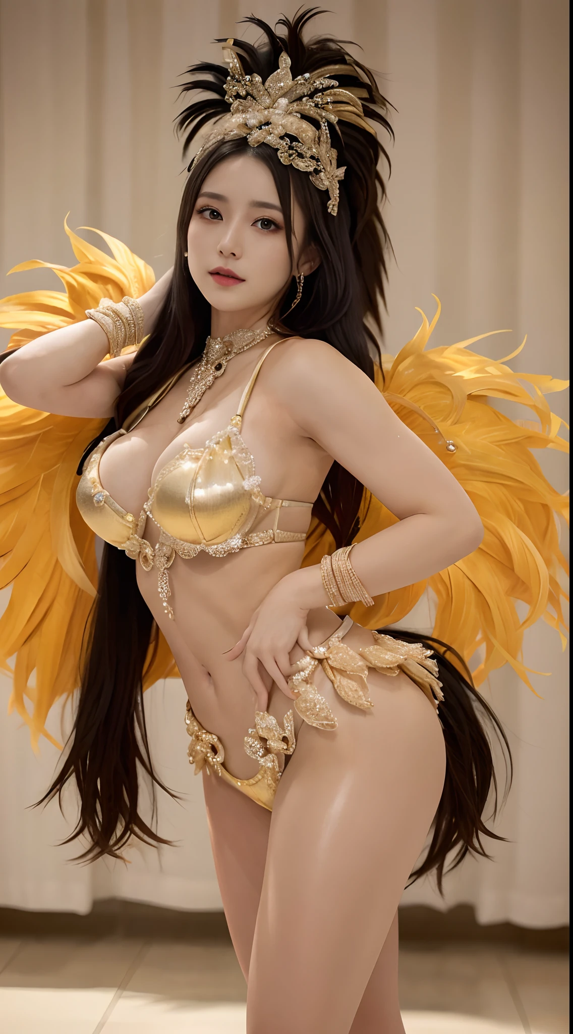 hight resolution, masutepiece, Best Quality, ((Hasselblad photo)), Sharp Focus, (Cinematic lighting), Soft lighting, Dynamic Angle, femele, maturefemale, (Wearing a Samba Dance Dress:1.2), ((Inside the Brazilian Samba Carnival)), Samba Dress, finely detailed skin, Very long wavy black hair, Highly detailed hair, high-heels,large elastic chest,Expose your breasts,bared chest,Narrow waist,Bare ass,Big ass,Bare belly,Bare navel,Shiny skin,Intricate details, ((Cinematic Light)),