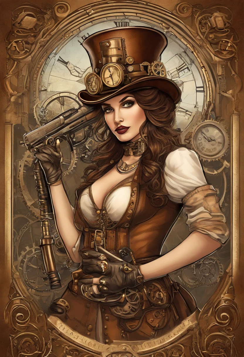 There's a woman wearing a Steam Punk hat and holding a gun., Steampunk, usando trajes Steampunk, meninatora Steampunk, (Steampunk), ( Steampunk ), estilo Steampunk, Steam-punk, Steampunk Fiction, steampunk aesthetic, uma deusa Steampunk bonita, Steampunk mulher anime bonita, Steampunk, fantasia Steampunk, estilo de fantasia Steampunk, arte Steampunk, arte digital Steampunk, roupas Steampunk