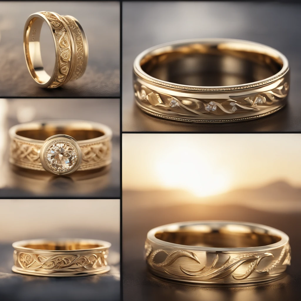（（Ring design concept art）），Yellow gold ring，（Ring concept blueprint），（（Ring rings in the shape of waves）），Engraved five-pointed star，（Fine craftsmanship），Hemming，Natural sunlight，Shining Effect